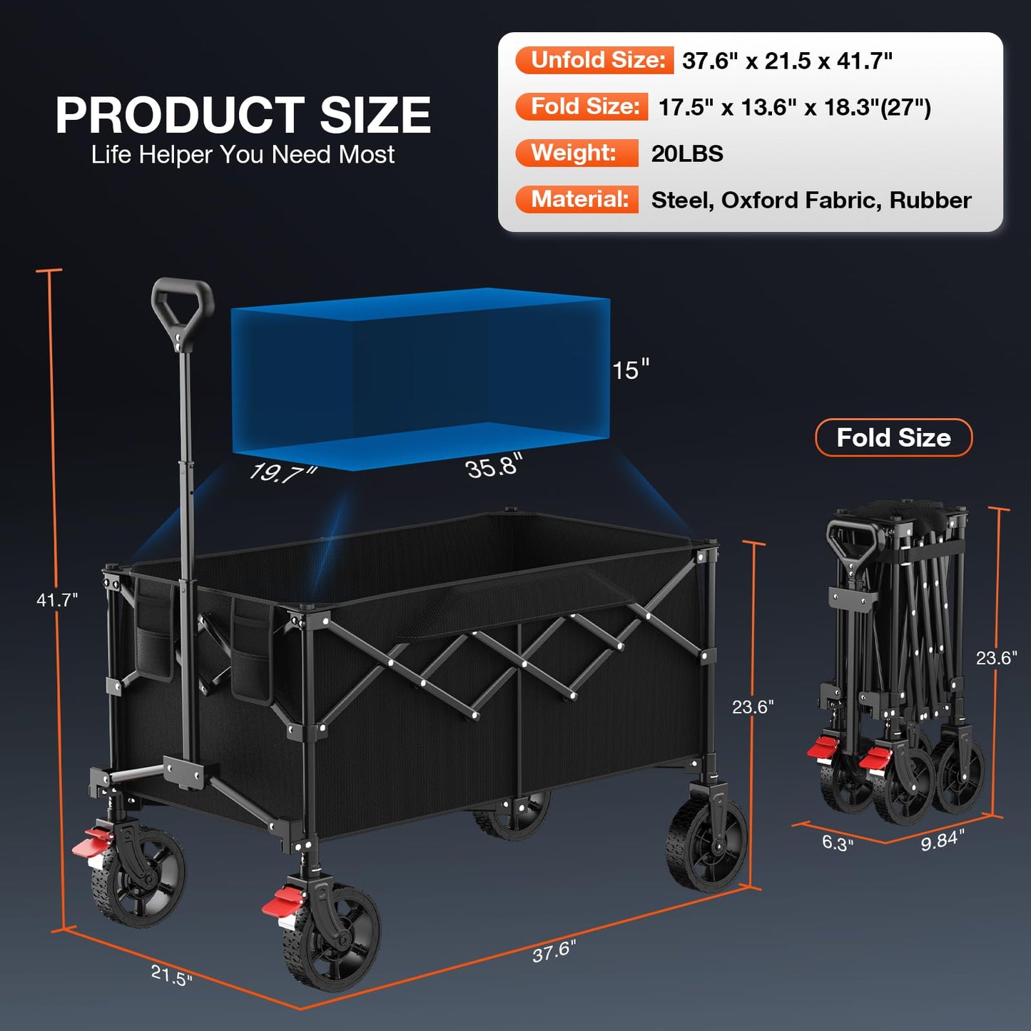 180L Large Capacity Collapsible Wagon Carts with Wheels,Foldable Wagon with 330LBS,Heavy Duty Shopping Cart,Portable Wagons Carts Foldable for Beach,Sports,Garden,Laundry,Outdoor-Black