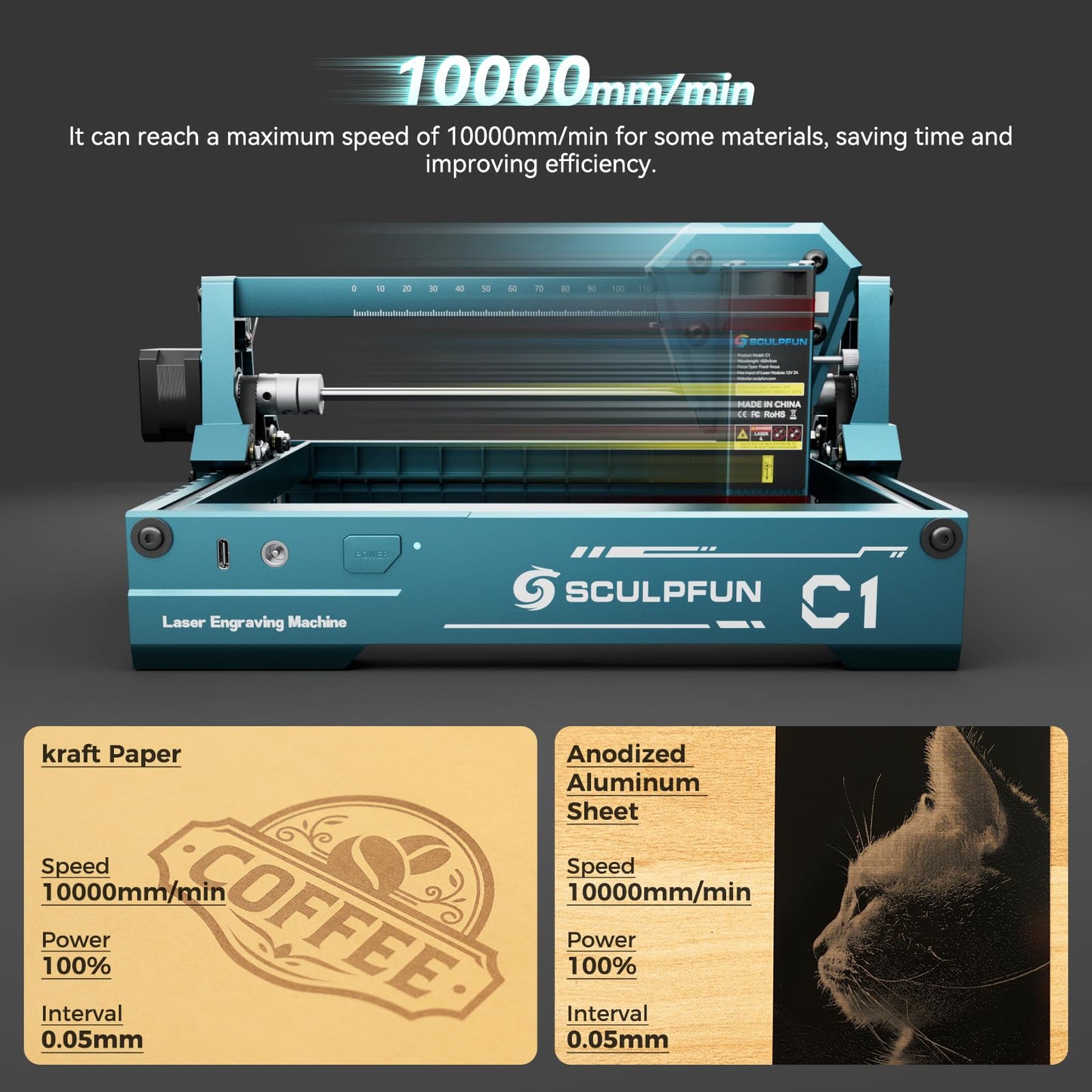 SCULPFUN C1 Mini Laser Engraver, 3W Portable Laser Engraving Machine with 0.04mm Ultra Fine Spot, Work for DIY Beginners,Plywood,Leather,Kraft Paper,Slate, Engraving Area 150 * 130mm