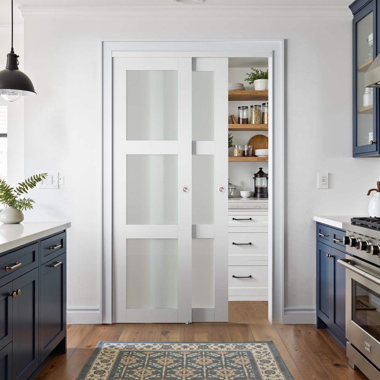COSHOMER Sliding Closet Door for 48" x 80" Opening with Hardware Kit Set, Preassembled 3-Lite Frosted Glass MDF Barn Doors, White