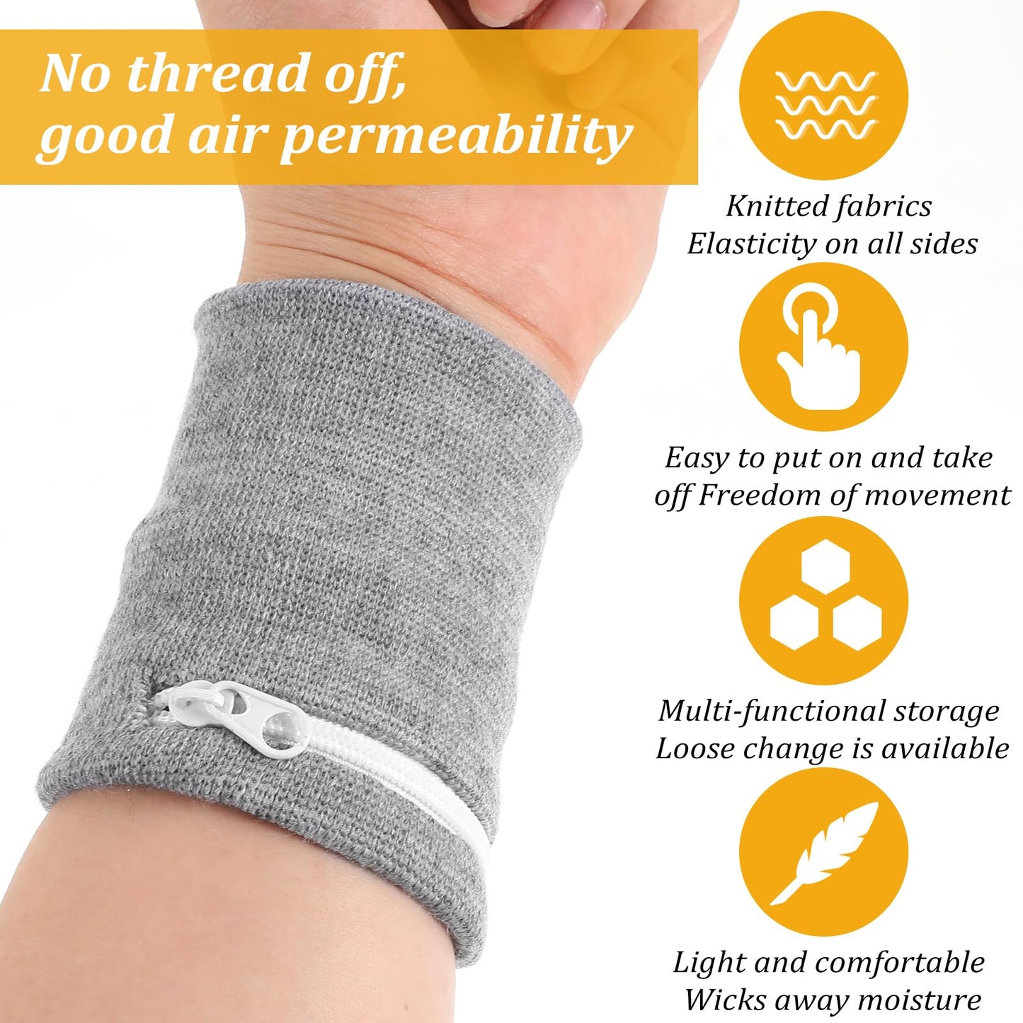 4Pcs Wrist Wallet, Mabor Wrist Sweat Bands with Zipper Light Pocket Sports Absorb Sweat Wristbands for Women Men Gym Sports Running Walking for Storage Key Card Cash