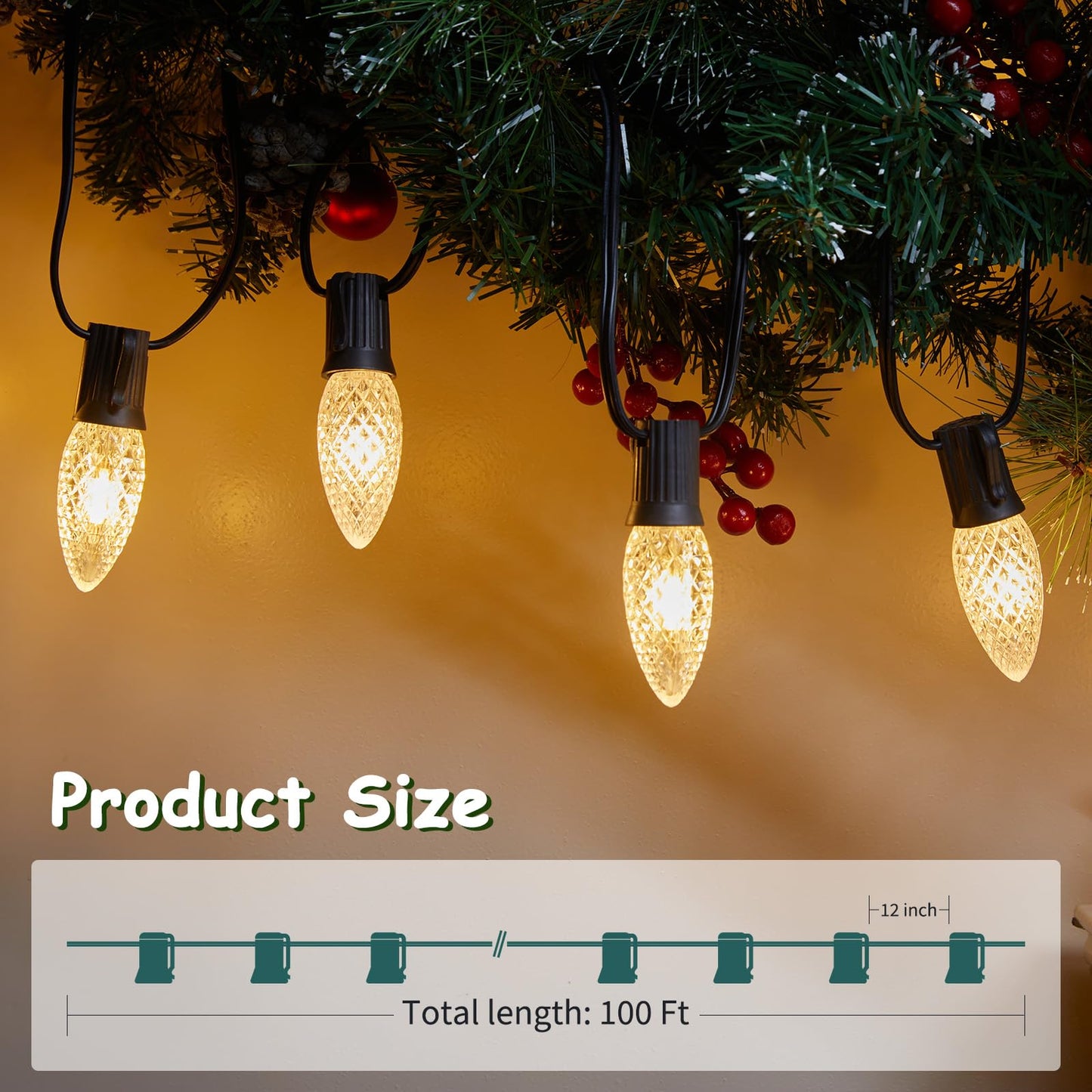 Minetom C9 Stringer Lights, 100 FT Connectable with 100 Sockets, Black Wire, 12in Spacing, Plastic, Outdoor Patio Use