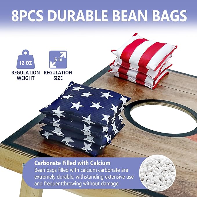 Cornhole Board Set, Regulation Size 4 x 2FT/3 x 2FT Solid Wood Corn Hole Game Set with 8 Bean Bags,2 Cornhole Boards and 1 Carry Bag for Outdoor Beach Toss Games Competitions