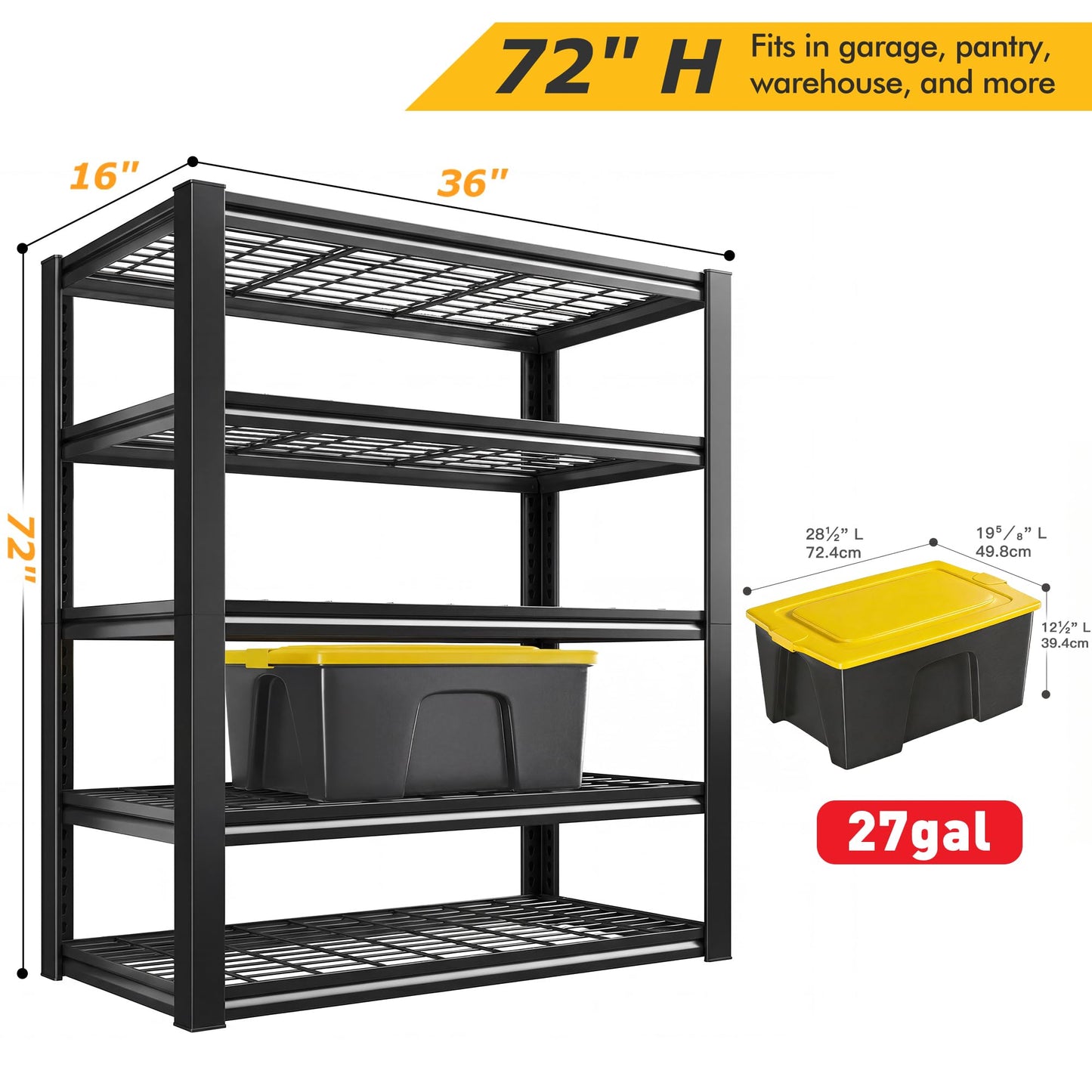 REIBII Garage Shelving 3200LBS, 5-Tier Storage Shelves, Adjustable Industrial Metal Shelving Unit for Garage, Basement, Pantry, Warehouse,Commercial, 36" W x 16" D x 72" H