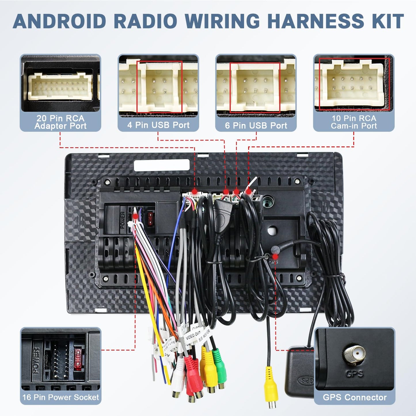 16 10/20 4/6 Android Radio Wiring Harness Kit with Pin ISO Car Radio Wire Harness, Pin RCA Back Camera Adapter, Pin USB