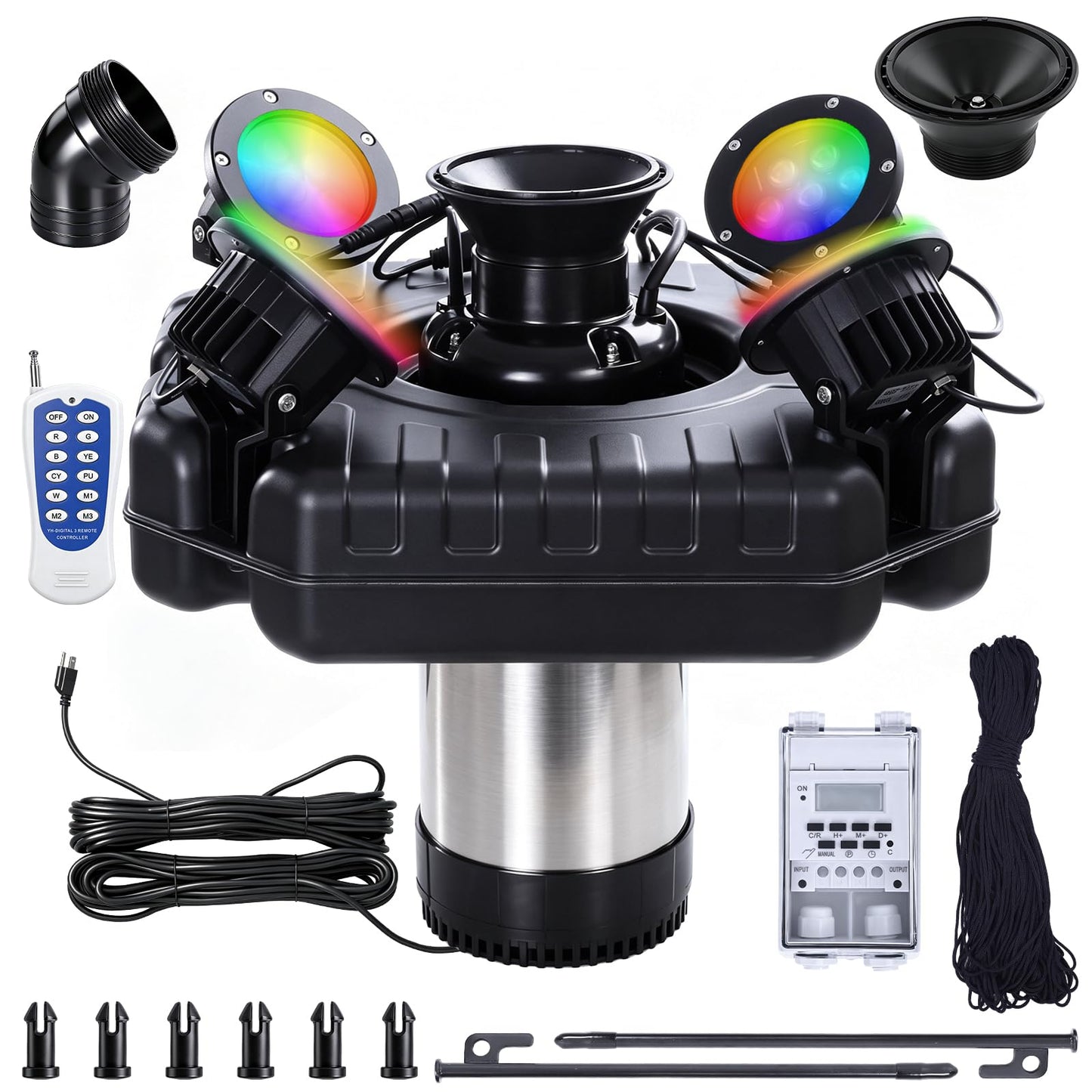 Pond Fountain Aerator with Lights,with 4 RGB Lights,1HP 750W 110V,Stainless Steel Floating Pond Fountain with 100FT Power Cord,Timer,Fixed Nails and Ropes,Pond Fountains for Small Large Ponds,Lakes