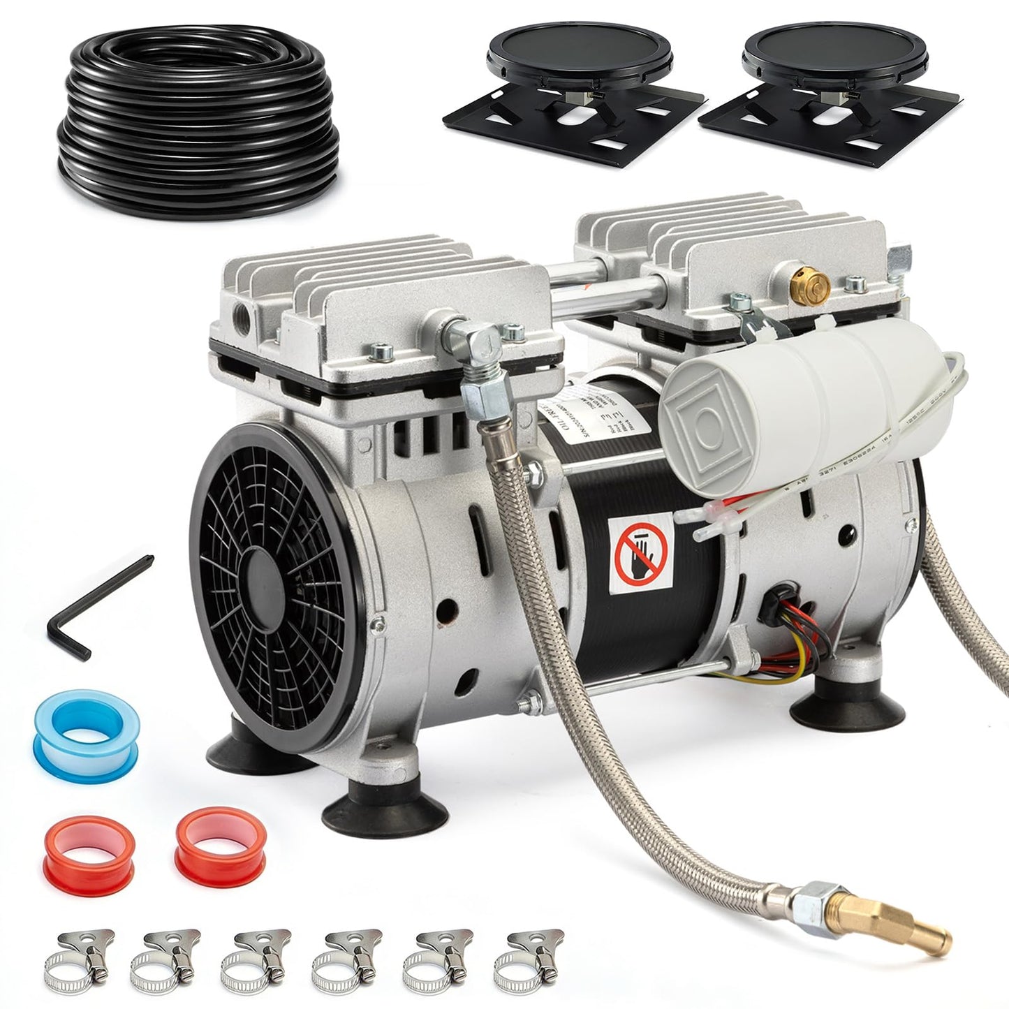 PEAKROCK 3/4 HP Rocking Piston Pond Aeration System for 3 Acre Lakes - 5.76 CFM, 100' Weighted Airline, 2 Diffusers & 2 Braided Connectors Deep Water Oxygenation
