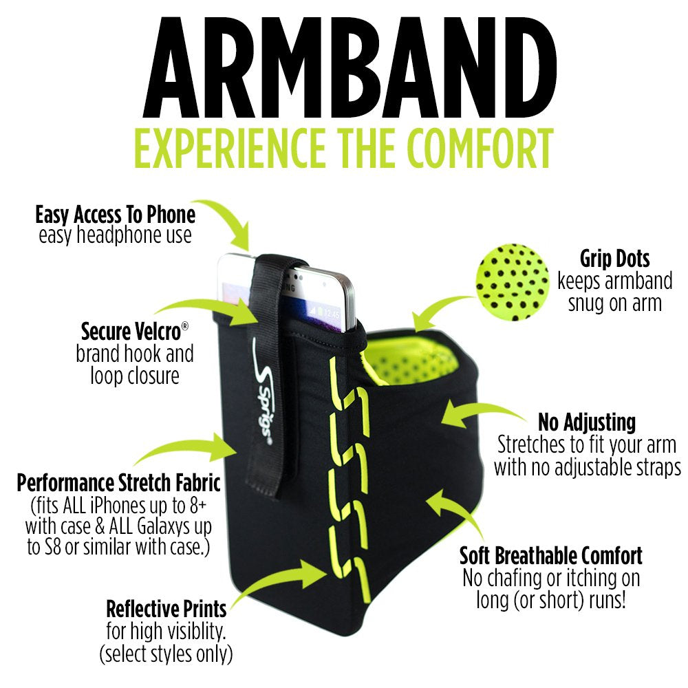 Sprigs Armband for iPhone 11/x/xr/8/7 Plus, Galaxy S10/S9, Google Pixel 4. Lightweight & Comfortable Running Armband, Stretches to Fit All Phones with Case - Black/HiViz, Large