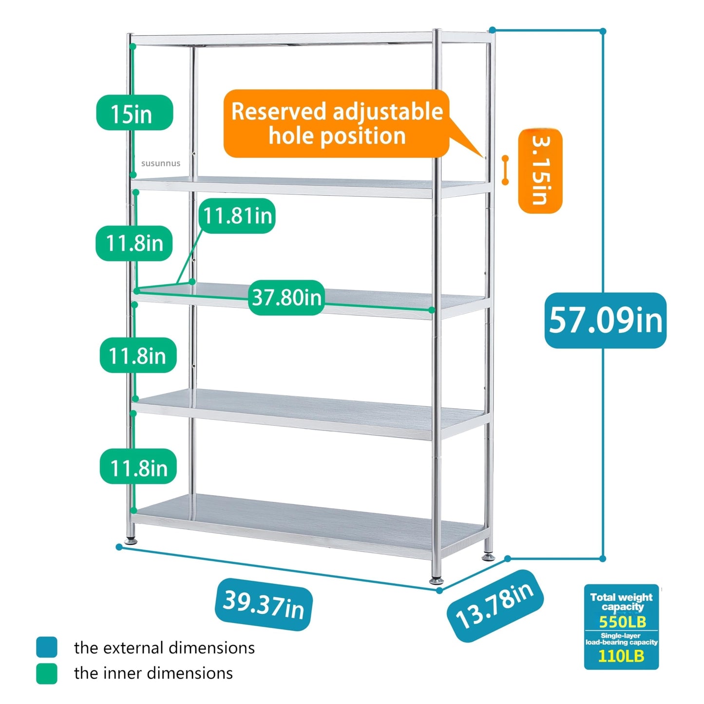 susunnus Stainless Steel Shelves 39.4in-5 Tier, Stainless Steel Shelf Organizer, Kitchen Storage Shelves, Artistic Texture, Pragmatic & Sturdy & Waterproof