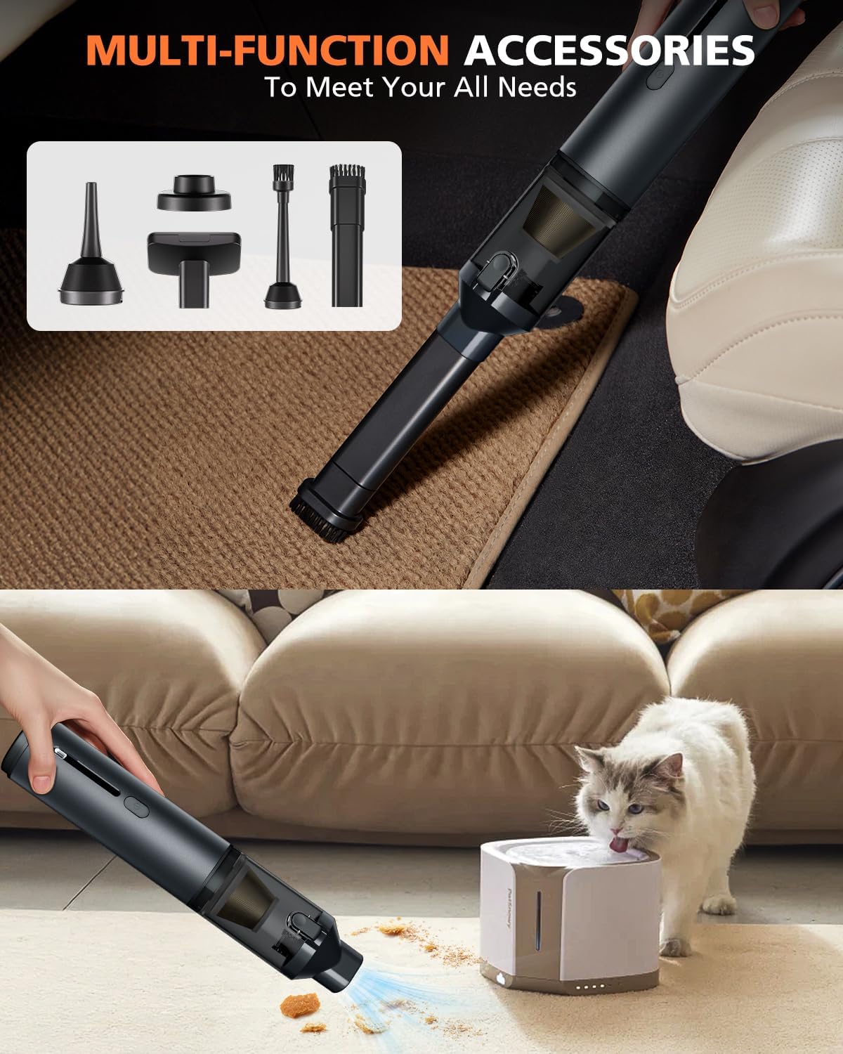 Skiennix Portable Car Vacuum - 16000Pa Powerful Suction | Cordless Handheld 4-in-1 Cleaner (Grey)