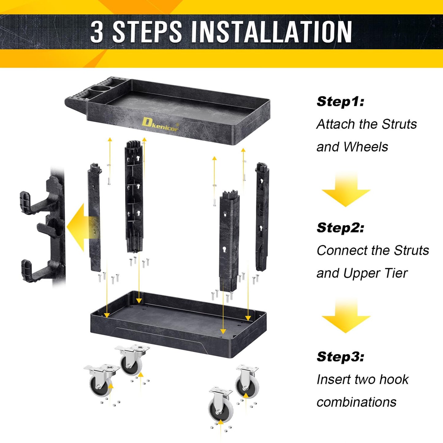 Heavy Duty Plastic Utility Cart 850Lbs, 34" x 17" Rolling Work Cart with Wheels - 2 Tier Service Cart for Warehouse/Garage/Garden - Upgraded 2 Side Tube Hooks, 360° Swivel Lockable Wheels