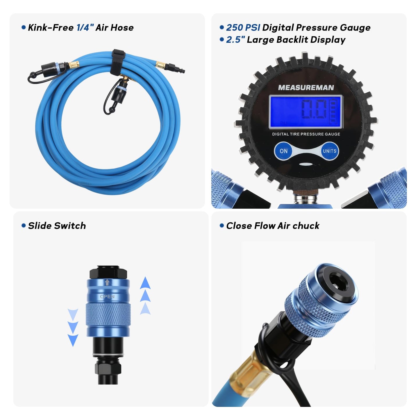 MEASUREMAN 4-Wheel Rapid Air System, 4 Units & LCD Backlight, Portable Off-Road Tire Inflation Deflation Kit with Digital Equalizer Gauge for Overlanding and Vehicle Adjustment
