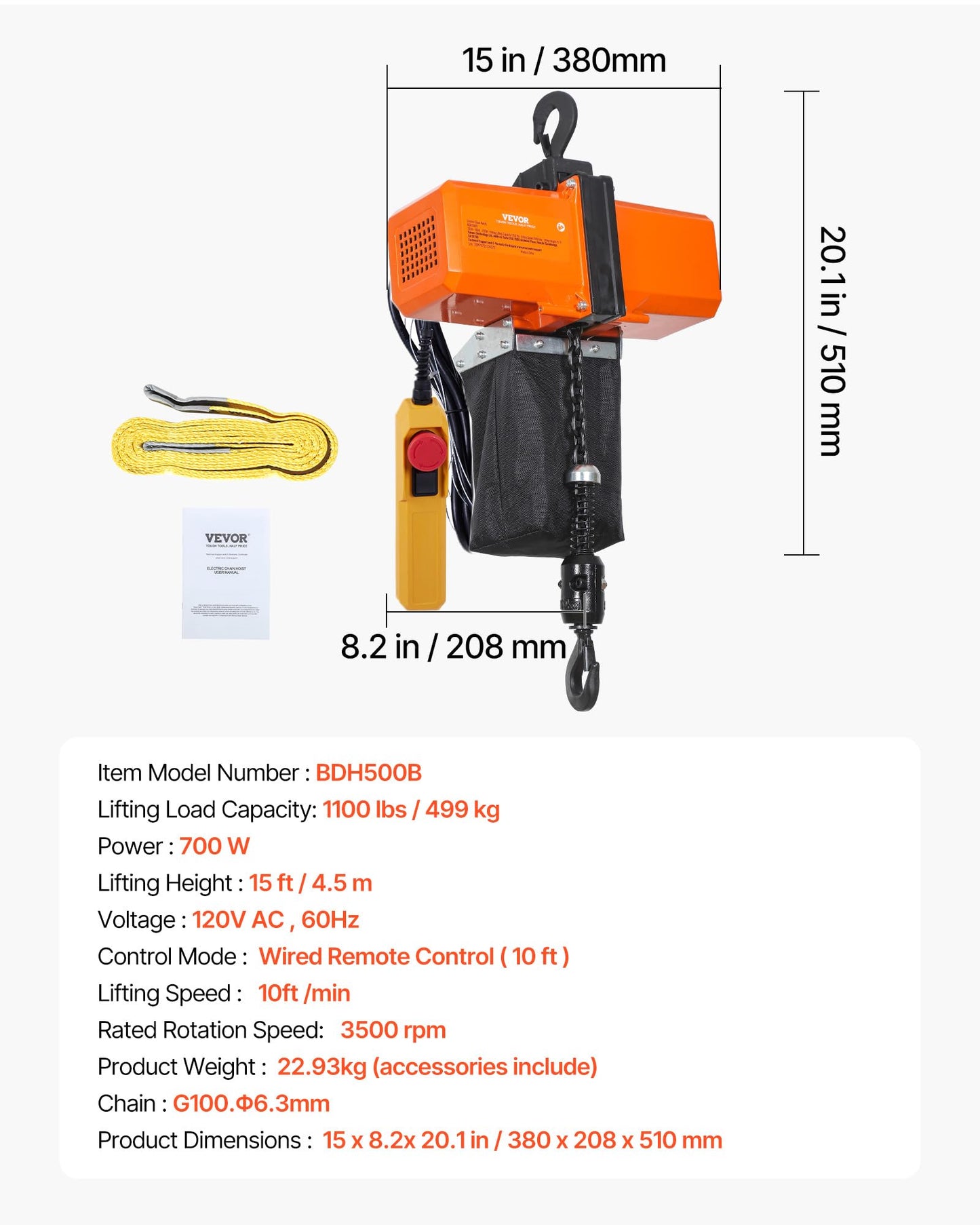 VEVOR 1100 lbs Electric Chain Hoist 15 FT Lifting Height, 120V Electric Hoist, Single Phase Overhead Crane with G100 Chain, 10 ft Wired Remote Control for Garage, Shop, Hotel, Home