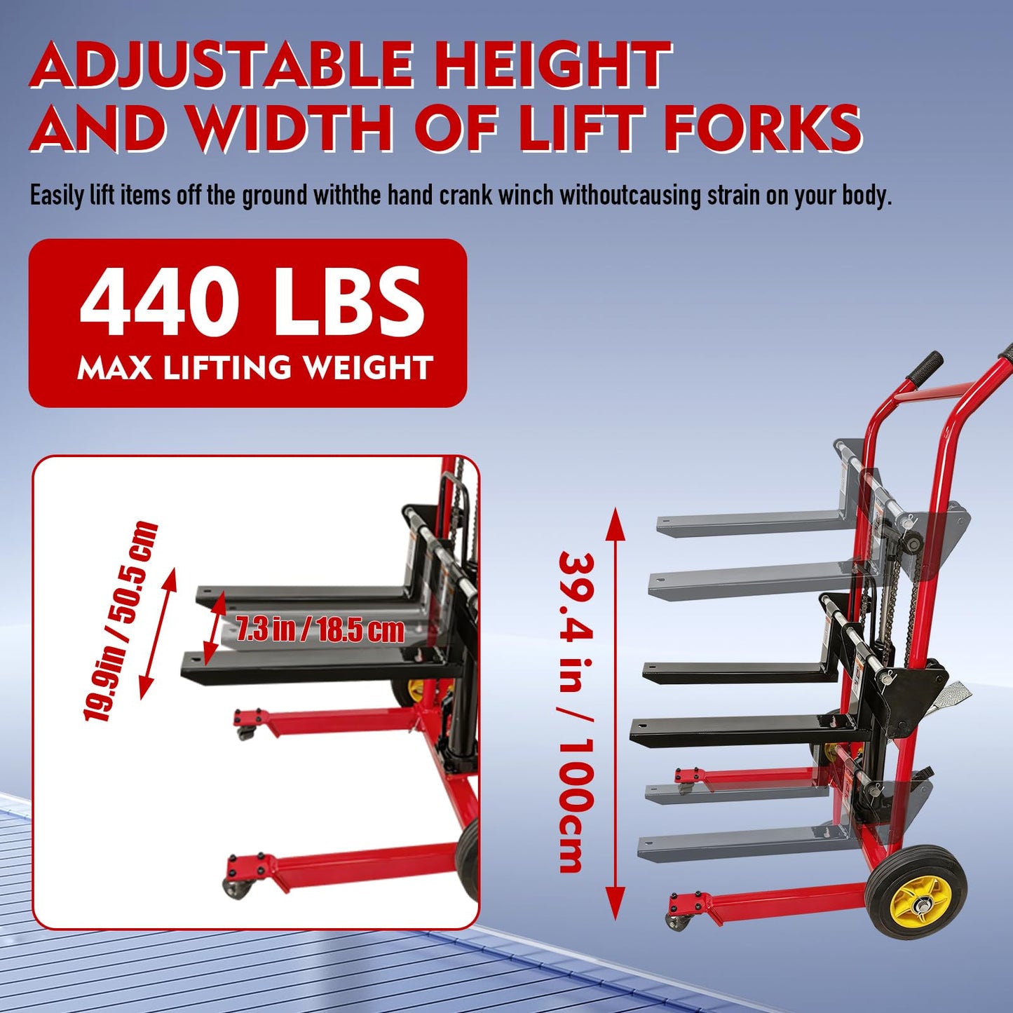 Hydraulic Material Lift Winch Stacker,440 Lbs Pallet Truck Dolly with Swivel Casters,Lift Table, Compact & Portable Hydraulic Winch for Construction,Warehousing,and DIY Projects
