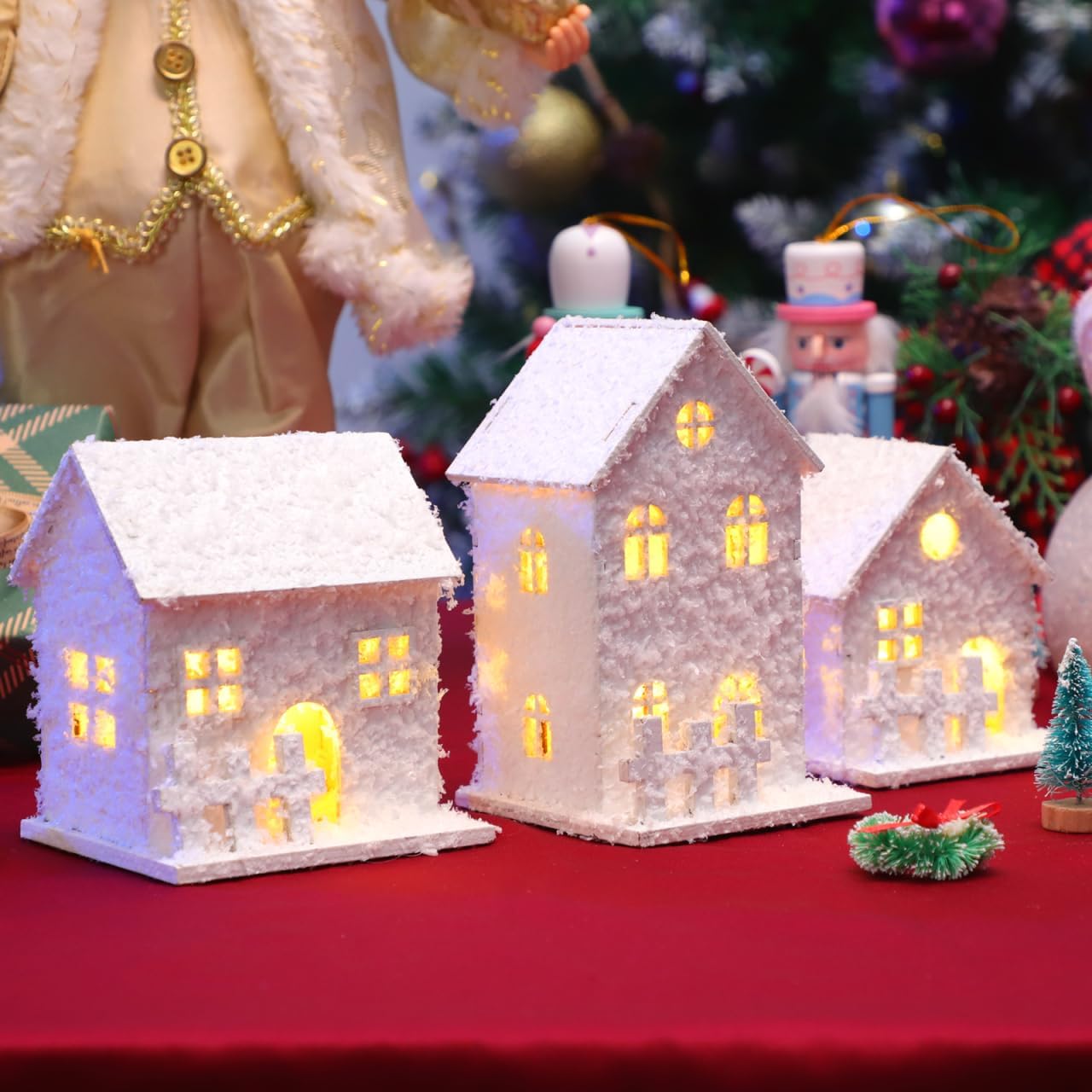 TOYANDONA LED Lighted Christmas Village Houses - 3Pcs Wooden Tabletop Decor for Holiday Display