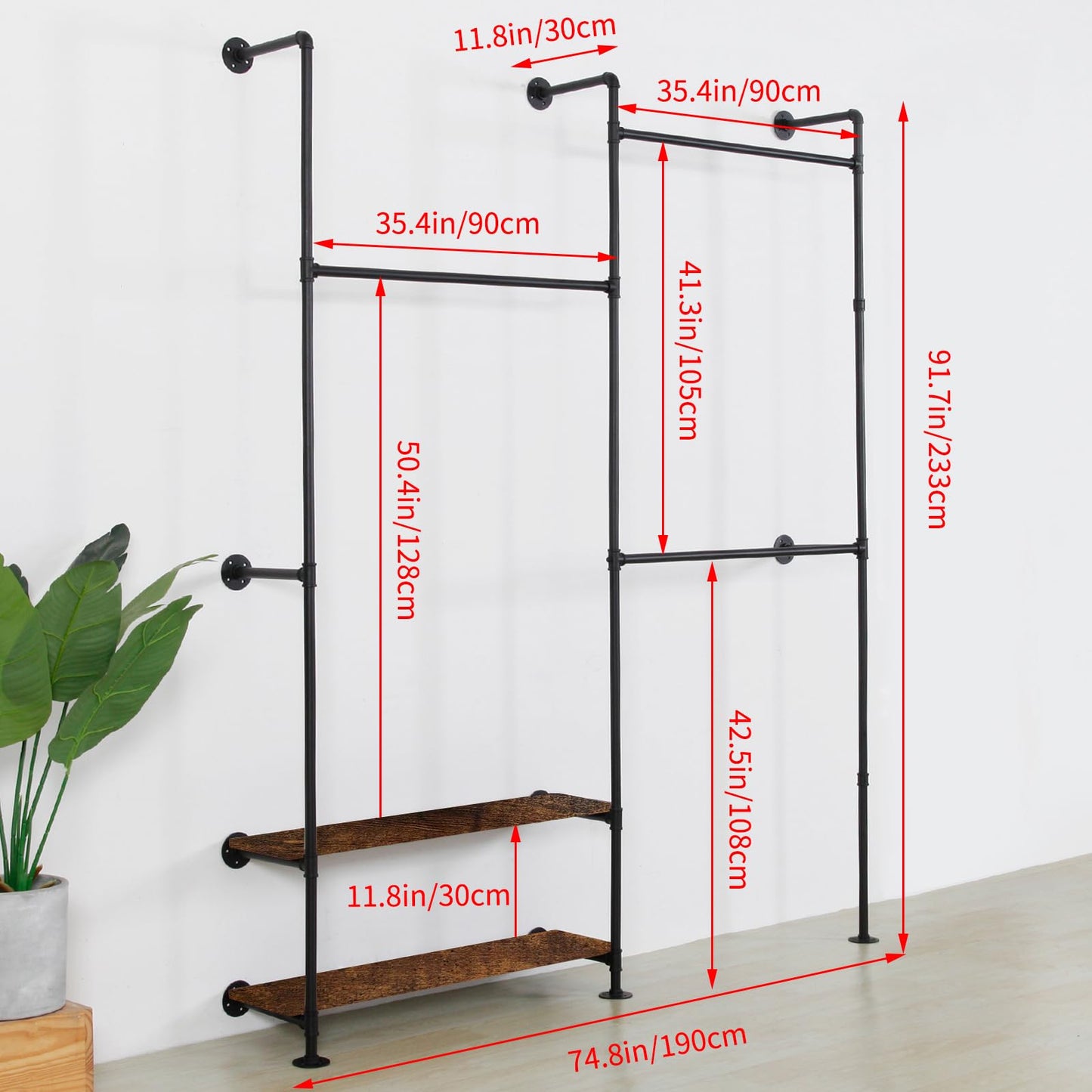 EDCB Industrial Pipe Clothing Rack Wall Mounted - Heavy Duty Wood Shelves Garment Display for Bedroom/Retail Stores, Steampunk Clothes Hanger Organizer, Black(91.7X74.8inch)