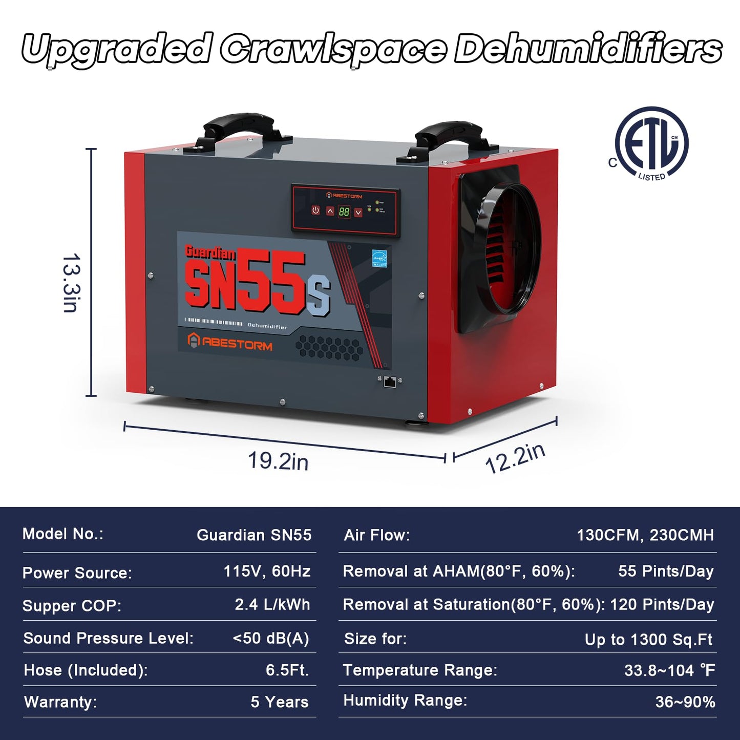 Abestorm Crawl Space Dehumidifier, 120 Pint Commercial Dehumidifiers for Basement, Industrial Dehumidifier with Drain Hose, Portable Dehumidifier Crawlspace, Auto Defrosting, 5 Years Limited Warranty