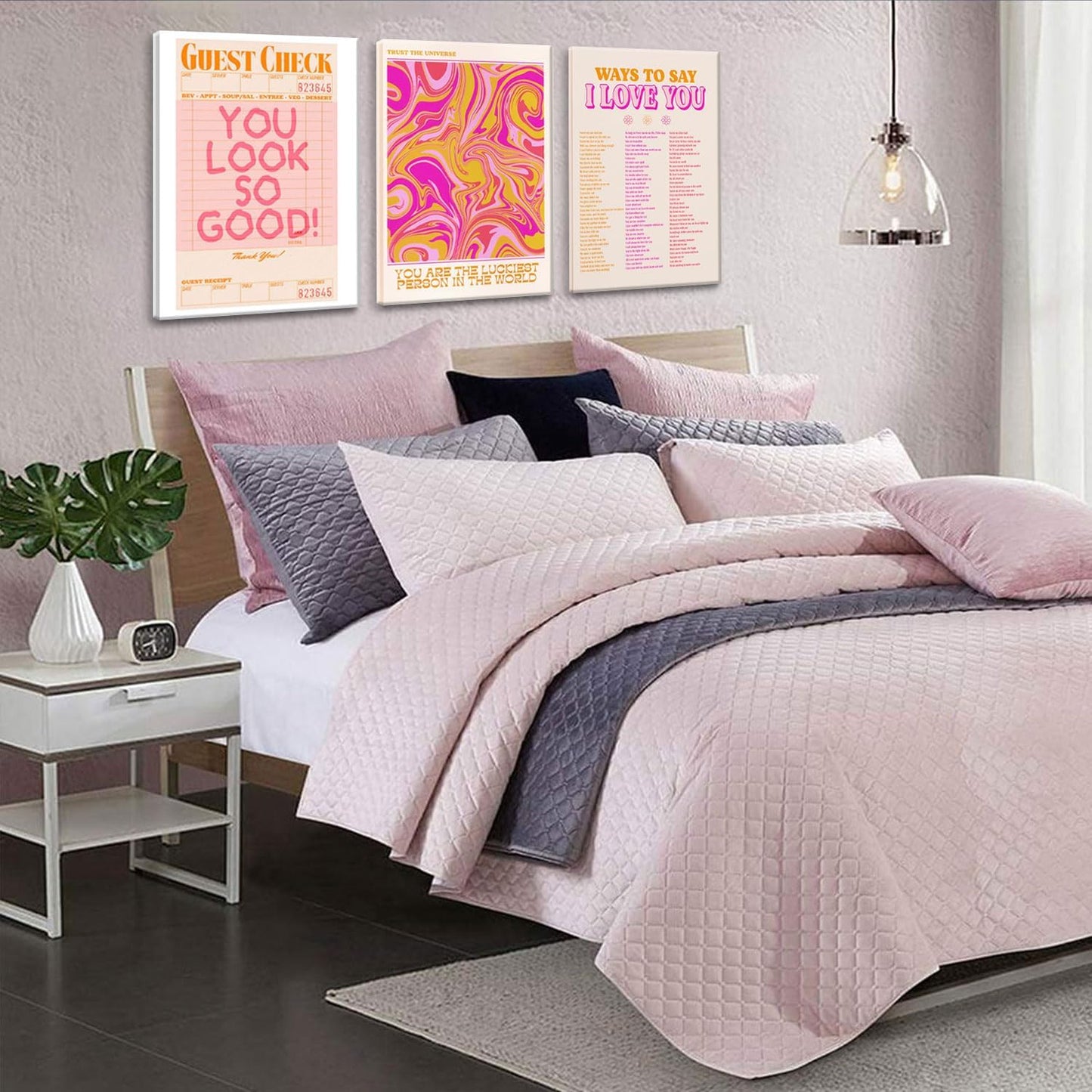 Pink Wall Decor - Canvas Art Set of 3 | Abstract Love Posters | Unique Framed Room Decor for Teens - 12x16''