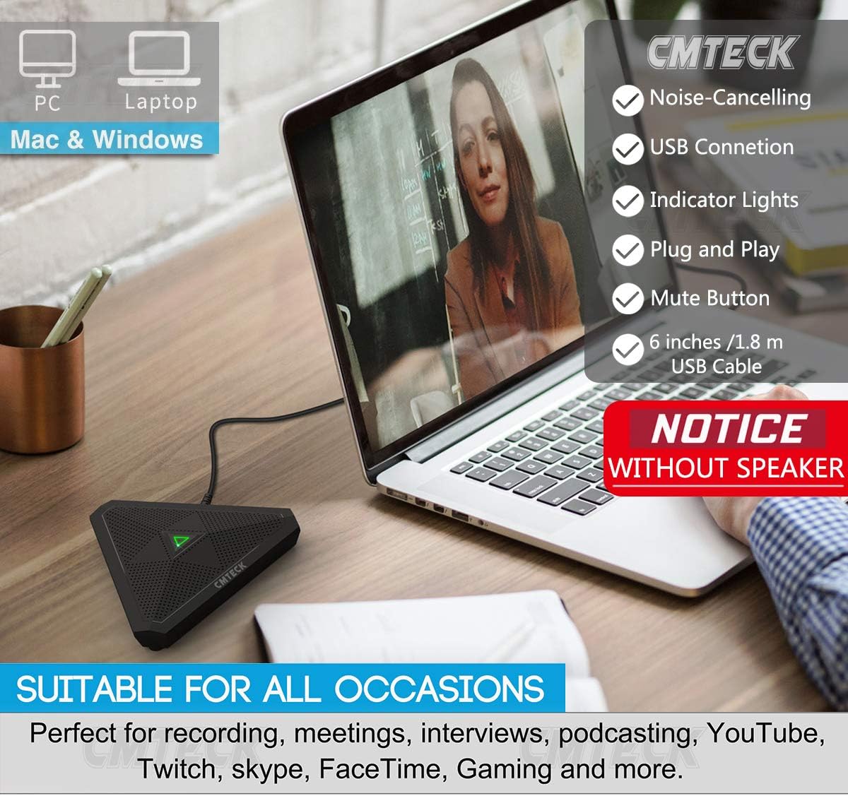 CMTECK Conference USB Microphone, Mute Button, Omnidirectional Condenser Boundary Mic for Recording, Streaming, Gaming