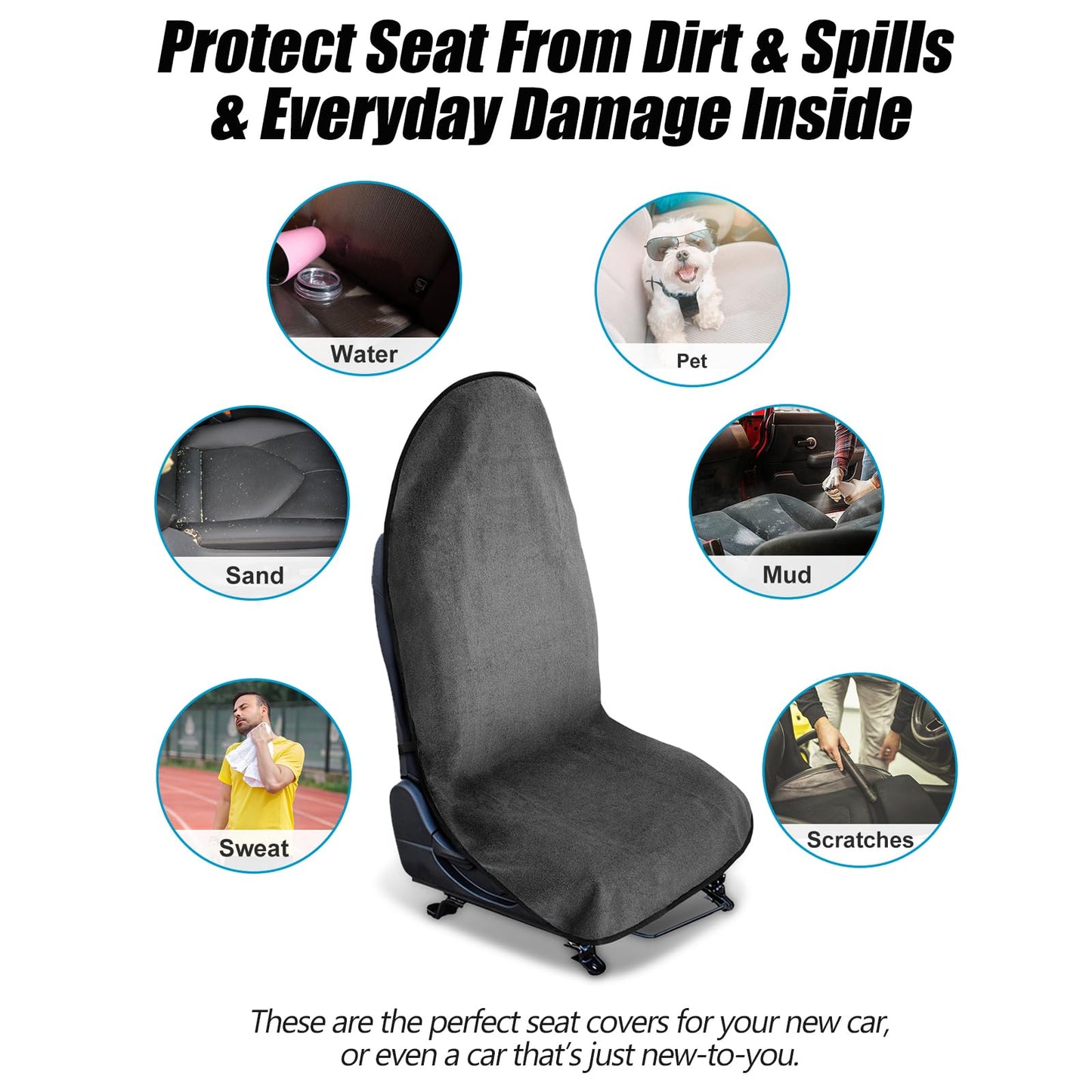 2 Pack Waterproof Sweating Car Seat Cover for Post Gym Workout, Running, Swimming, Beach and Hiking, Universal Fit Non-Slip Towel Bucket Seat Protector for Cars SUV Trucks, Machine Washable (Gray)