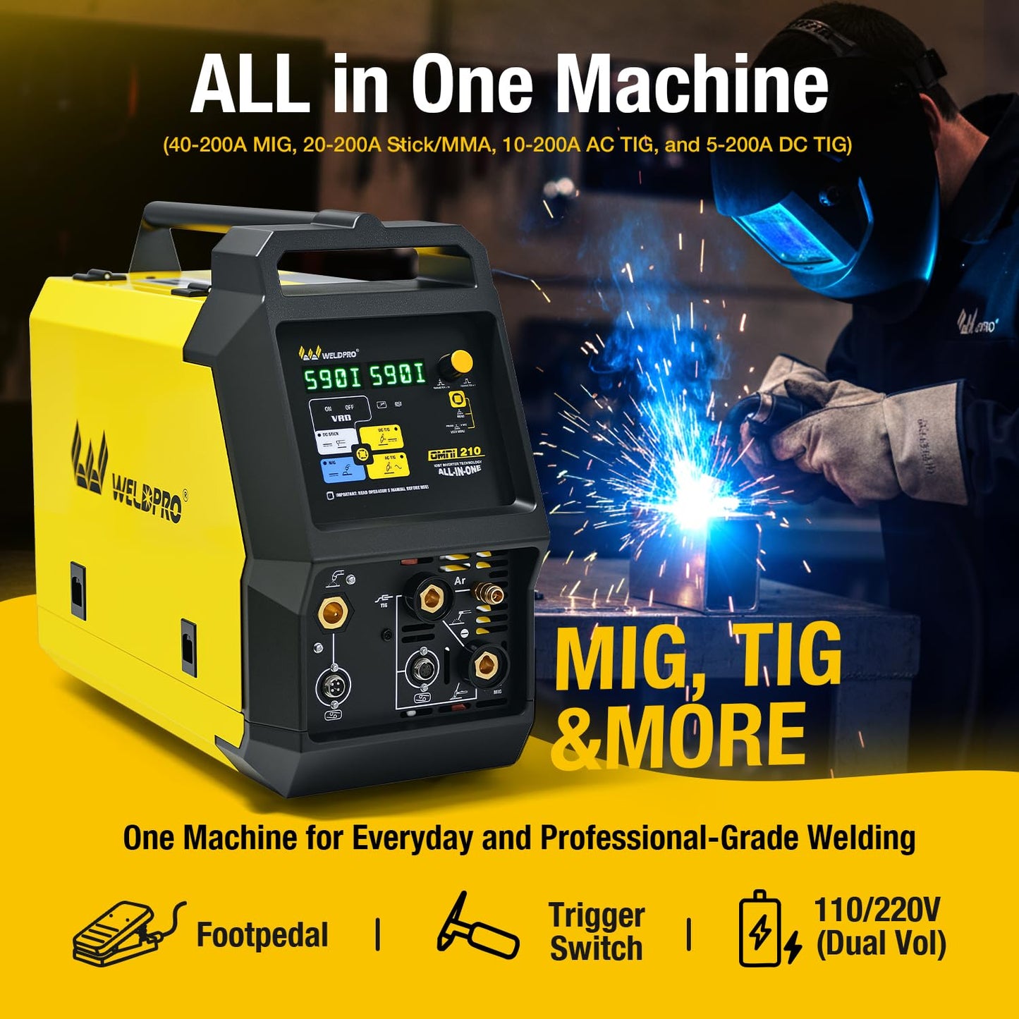 Weldpro Omni210 MIG Welder 200A Multi-Process Welder 110V/220V,Synergic MIG/Flux Core/Stick/Spool Gun/AC/DC HF TIG with Pulse,6-in-1 Frequency Control Welding Machine with Standard TIG Torch,VRD