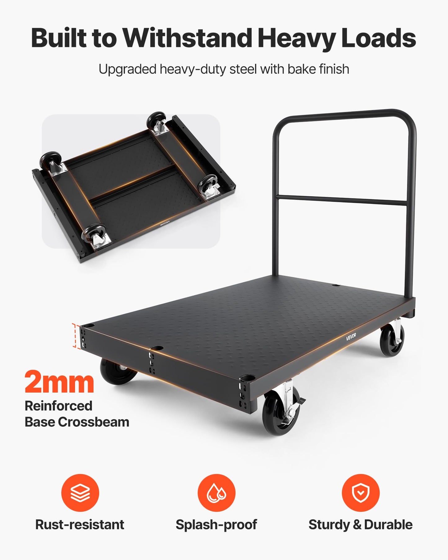 VEVOR Drywall Cart Dolly, 1800 lbs Load Capacity, 2-in-1 Steel Panel Truck Cart with 5 inch Swivel Casters, 36 x 24 inch Platform Truck with 4 Side Handrails for Factory, Warehouse, Garage, Black