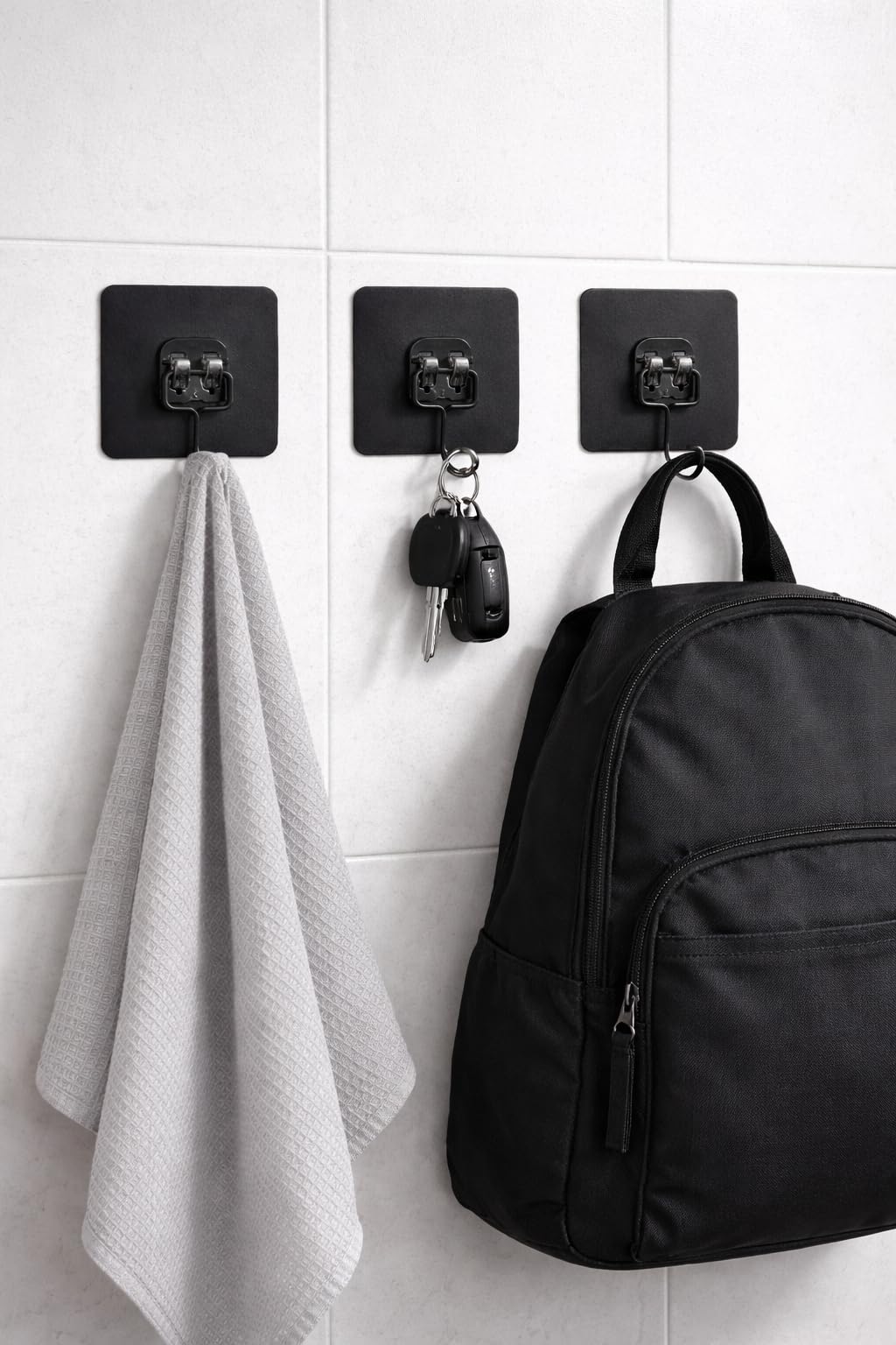 Black Metal Adhesive Wall Hooks Light Duty 6-Pack, No Drill Waterproof Sticky Hooks for Bathroom Kitchen Garage, Strong Wall Hooks for Towels, Keys, Coat, Tools, Holds Up to 20 lbs