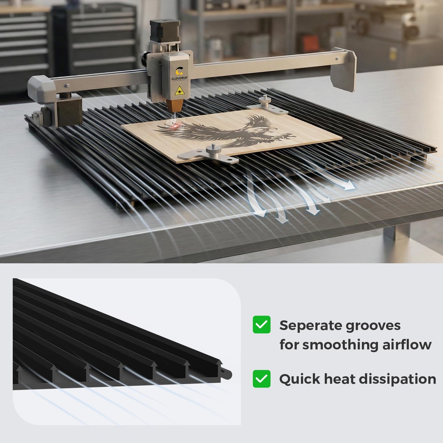 Cloudray 400x400mm Honeycomb Laser Bed, Desktop Laser Engraver Accessories, Coated Honeycomb Working Table for CNC CO2 Laser Cutter, Heat Dissipation, Each Working Area 15.7"x3.9", Set of 4, Black