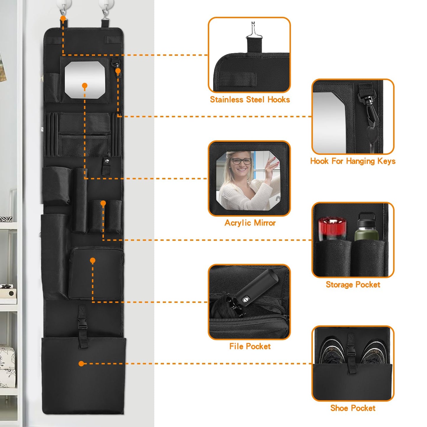BOHEMIABY Police Locker Organizer, 51 X 11 in Hanging Locker Organizer, Locker Organizer Door Hanging for School Gym Police Security Law Enforcement Personnel, 600D Durable Material with Mirror