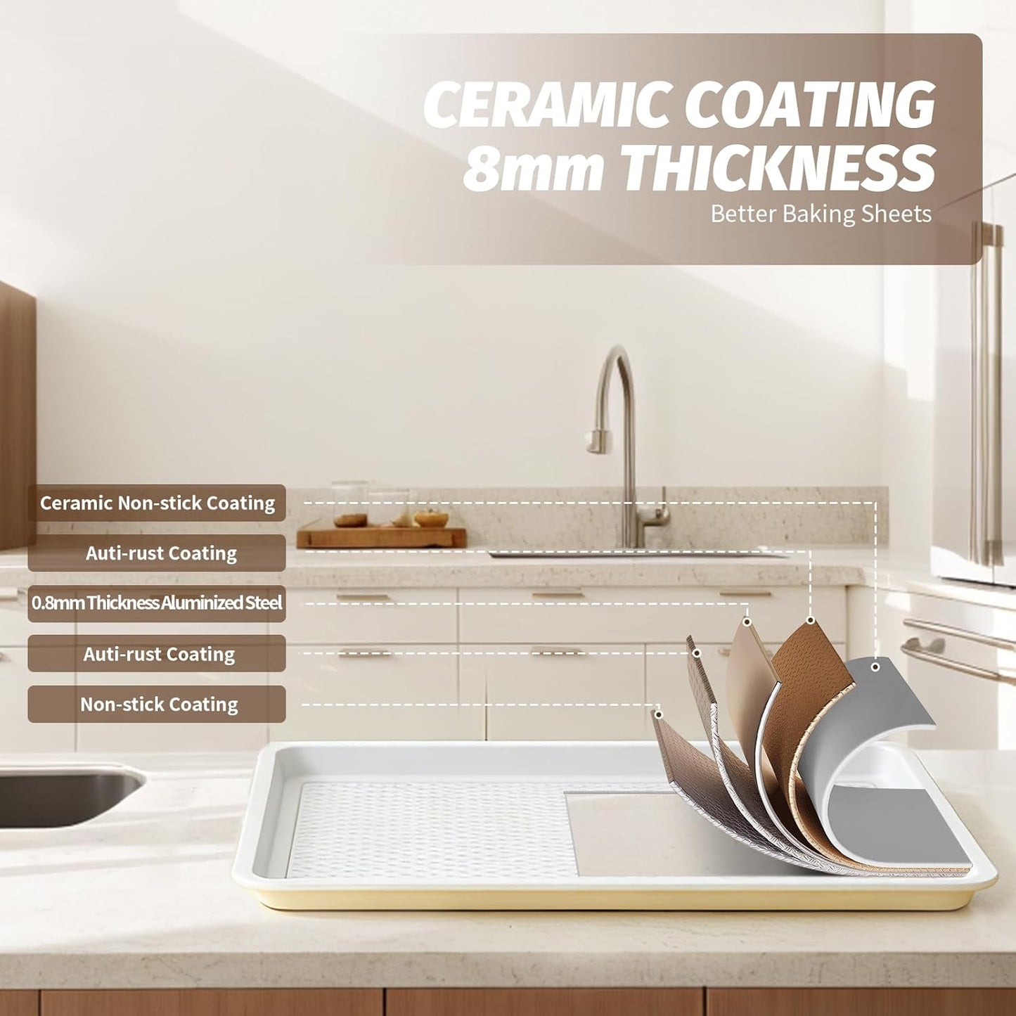 Skiennix Nonstick Ceramic Baking Sheet Set - 2-Pack 13x9 Quarter Pan, Oven Safe 550°F, Dishwasher Safe, Gray/Yellow