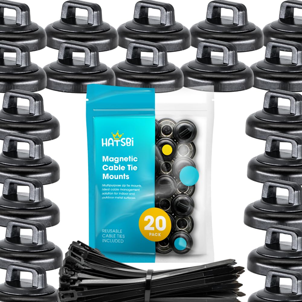 HATSBI. Multipurpose Magnetic Cable Zip Tie Mounts. Black. (20 Pack). 20 Black Cable Zip Ties Included. Cable Holder for Cable Management. Holds Standard Zip Ties/Cable Ties.