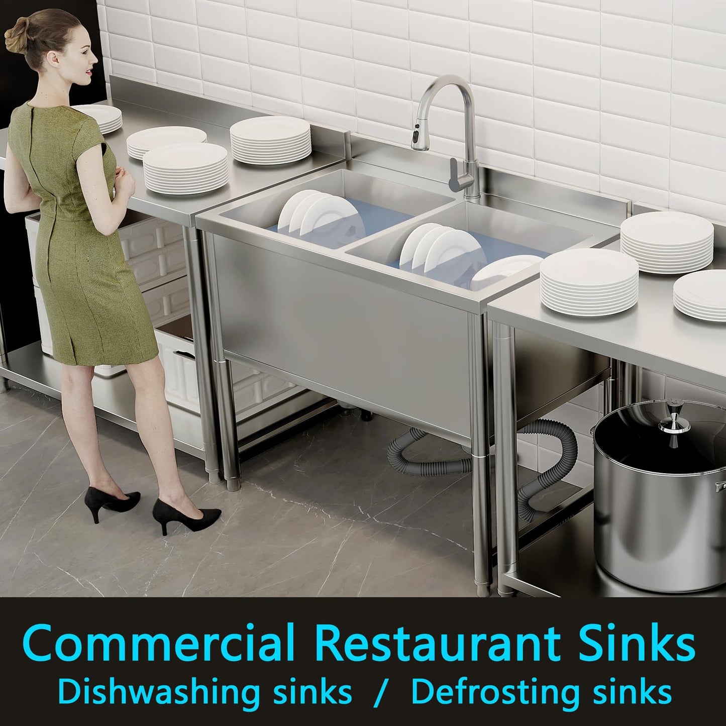 35" Stainless Steel Commercial Sink 2 Bowl Freestanding Kitchen Sink with Pull-out Faucet, Large Utility Sink for Kitchen, Dishwashing, Thawing, Laundry Room, Garage, Outdoor, Total Capacity 36 Gallon