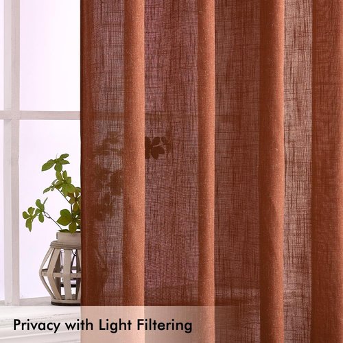 MIULEE Linen Curtains - 96 Inch Semi-Sheer Drapes in Burnt Orange | Soft Light Filtering Panels for Living Room & Bedroom