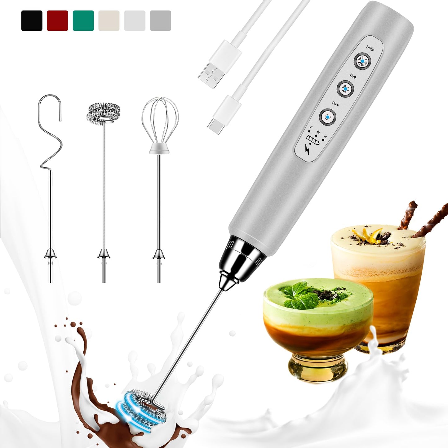 Colarlemo Milk Frother Handheld Rechargeable, Frother Wand Drink Mixer Electric Whisk for Coffee, Detachable With 3 Stainless Whisks, Hand Mixer for Lattes, Cappuccino, Matcha, Egg, No Stand, Silver