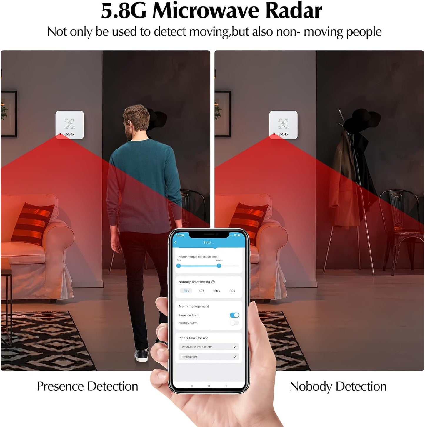 eMylo 24/7 Business(2.4 1 Pack) WiFi Human Presence Sensor, WiFi Millimeter Wave Radar Detection - No Hub Needed, Smart