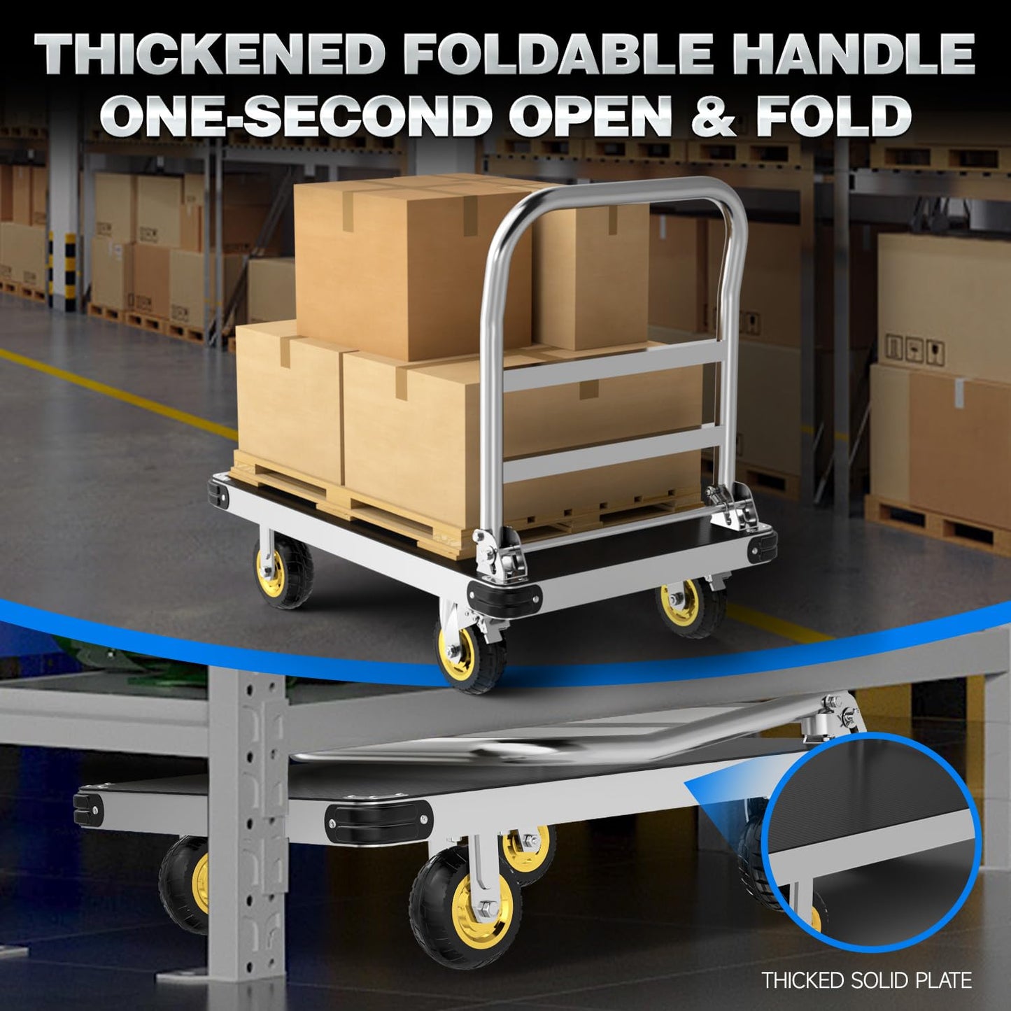 PHEXOD Extra Large Platform Truck Cart, 44 x 28 Heavy Duty Push Cart Dolly 2500 LBS Capacity, Flat Cart with Non-Slip Mat and 6" Swivel Brake Wheels