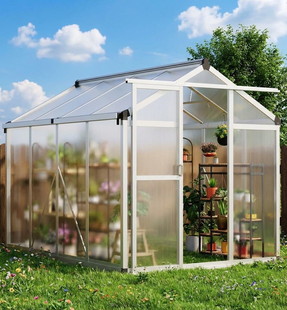 GAOMON 6 x 8 ft Greenhouse for Outdoor with Sliding Door, Green House with Polycarbonate Panel & Ajustable Roof Vent & Ground Nails, Walk-in Aluminum Greenhouses for Garden, Patio