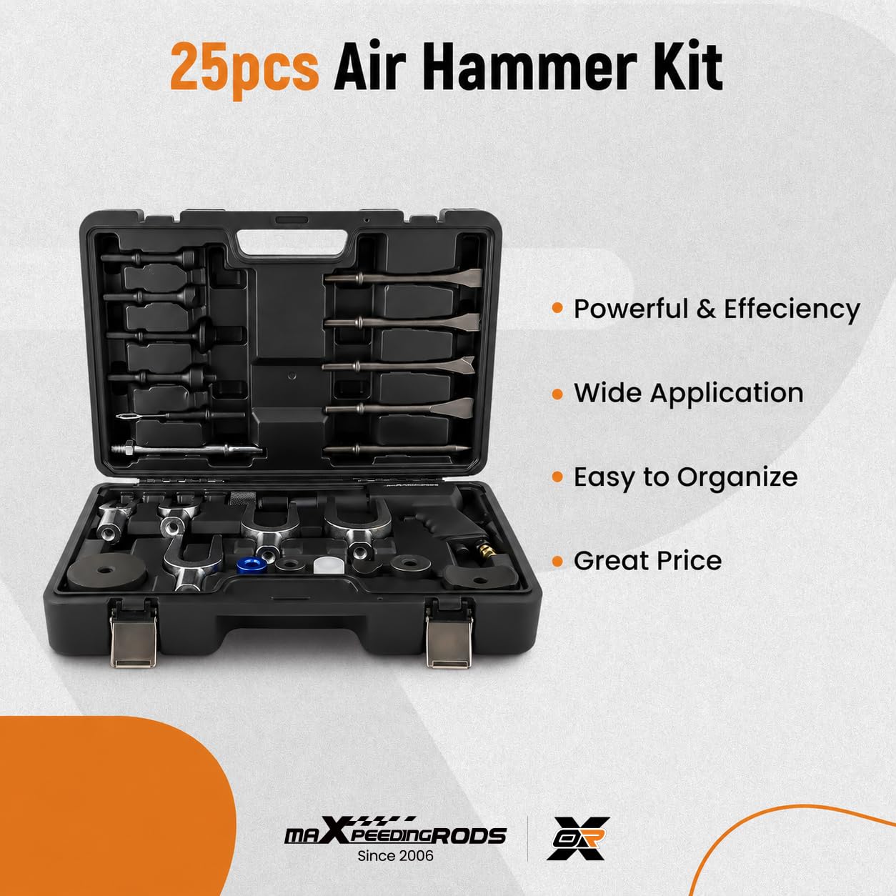 maXpeedingrods Air Hammer Kit, 25 PCS Multi-functional Pneumatic Hammer Piece Chisel Set, 2100 BPM Ball Joint Separator Set, Air hammer Bits, Quick Change Retainer Air Hammer with Shovel Heads