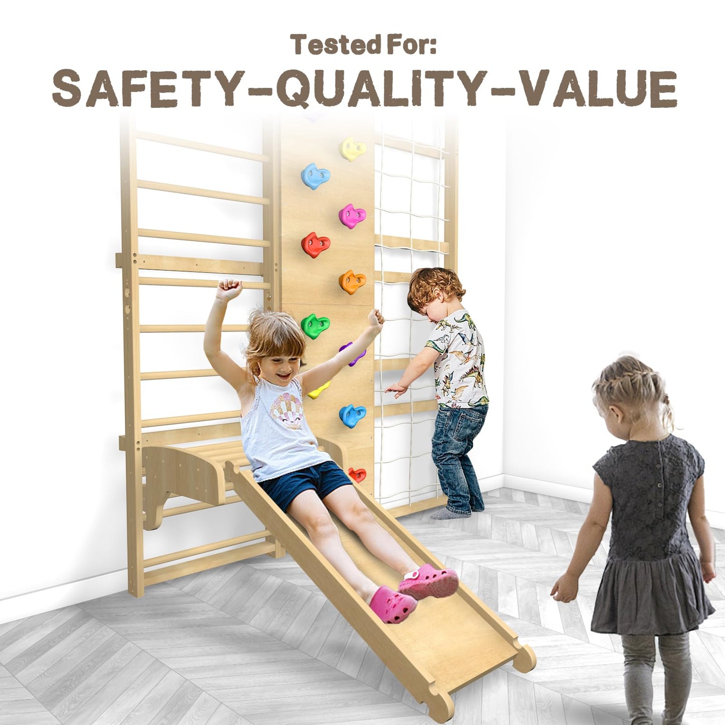 Upgraded Extra-Large Size 94.5inch Height 10-in-1 Swedish Ladder Gym Set, Home Playground with Swing, Rope Ladder, Pull-Up Bar, Slide and Rock Climbing Wall for Kids and Adults