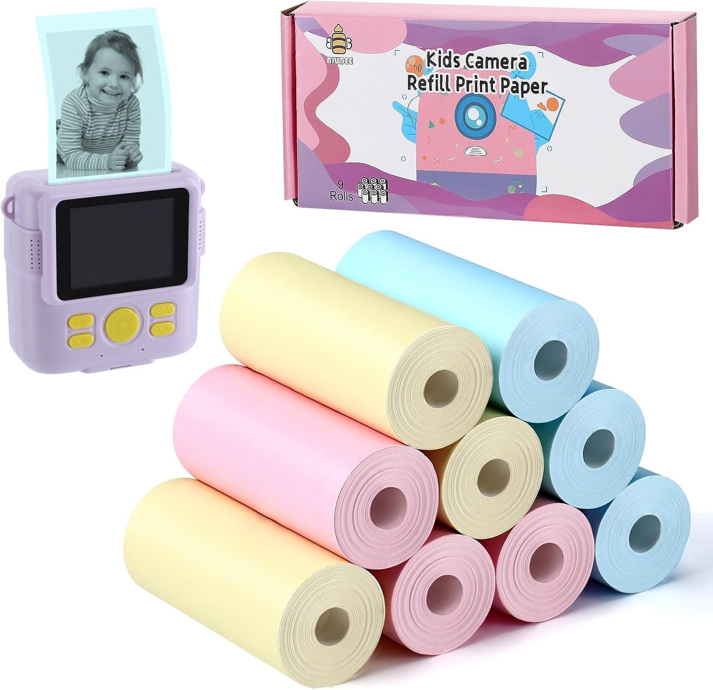 Skiennix Kids Instant Camera Print Refill Paper - Thermal Photo Printer Rolls for Ages 4-10 | Blue, Pink, Yellow