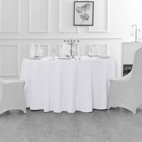 Fokitut 6 Pack Waterproof Round Tablecloth, 120 Inch, Stain Resistant and Wrinkle Polyester Table Cloth, Fabric Table Cover for Kitchen Dining, Wedding, Party, Holiday Dinner-White