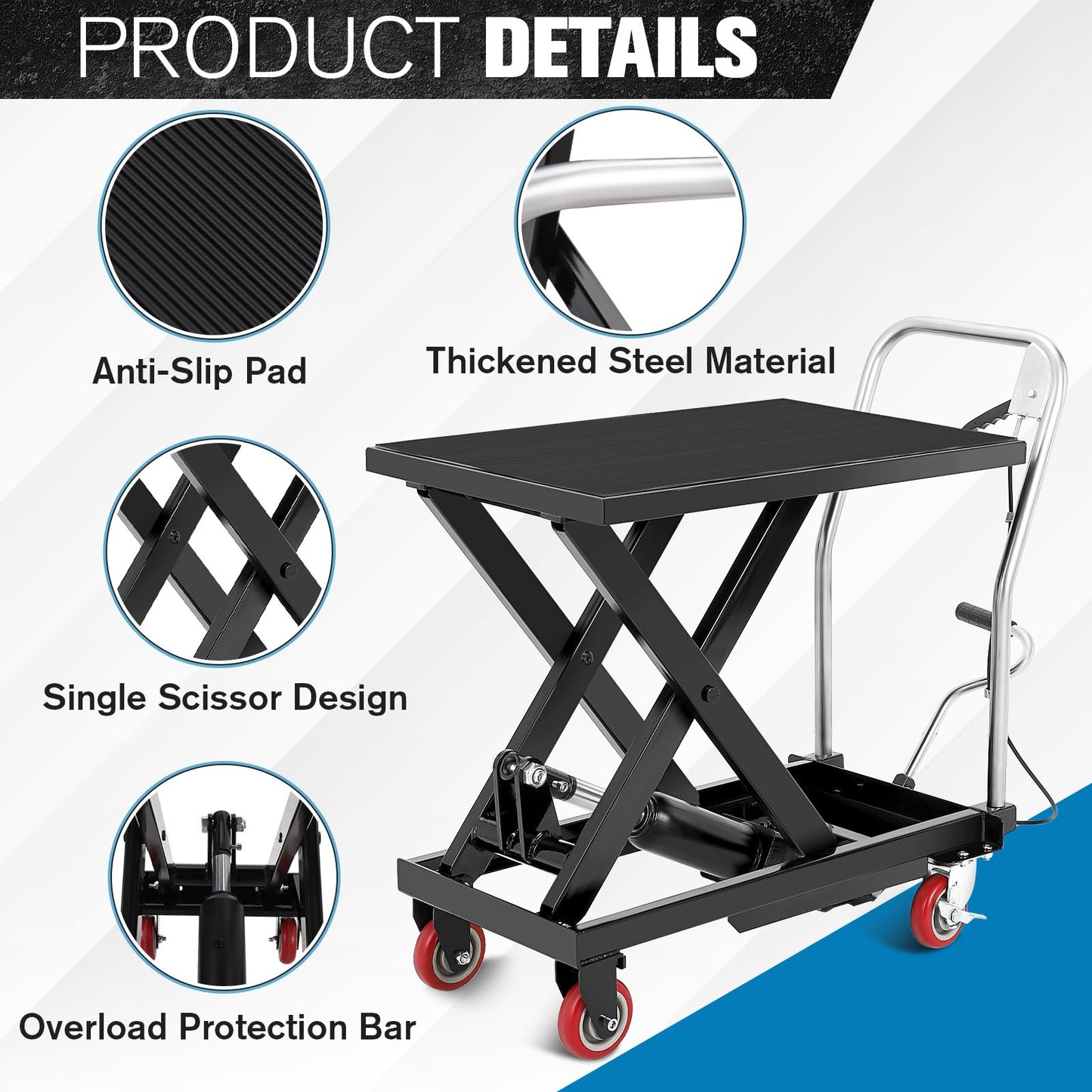 COZONY Heavy Duty Hydraulic Lift Table Cart – 330 lbs Capacity – Manual Single Scissor Platform – Adjustable Height 11-28.5 in – Non-Slip Platform – 4 Locking Wheels – For Workshop & Warehouse – Black