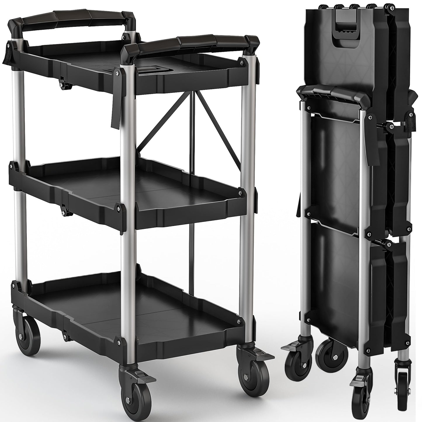 DWVO 3-Tier Folding Utility Cart, Foldable Service Cart Heavy Duty Collapsible Rolling Cart with 360° Swivel Wheels and Brake, 350LBS Load Capacity Portable Utility Cart for Kitchen, Warehouse, Garage