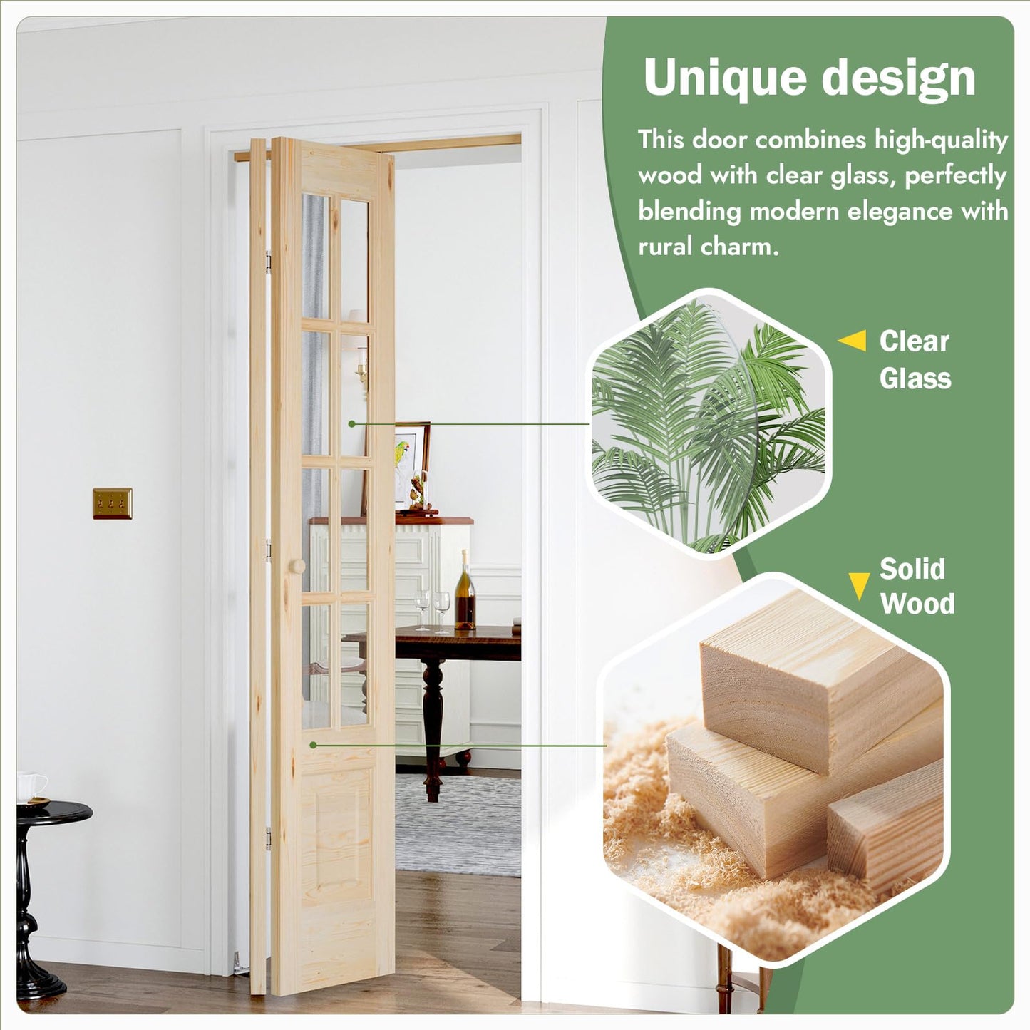 Roymelo Bifold Doors for 28"×80" Opening, Clear Glass French Interior Folding Barn Door with Concealed Hardware Kit Included, Spruce Wood Support DIY Dyeing, Preassembled Door, Save Space