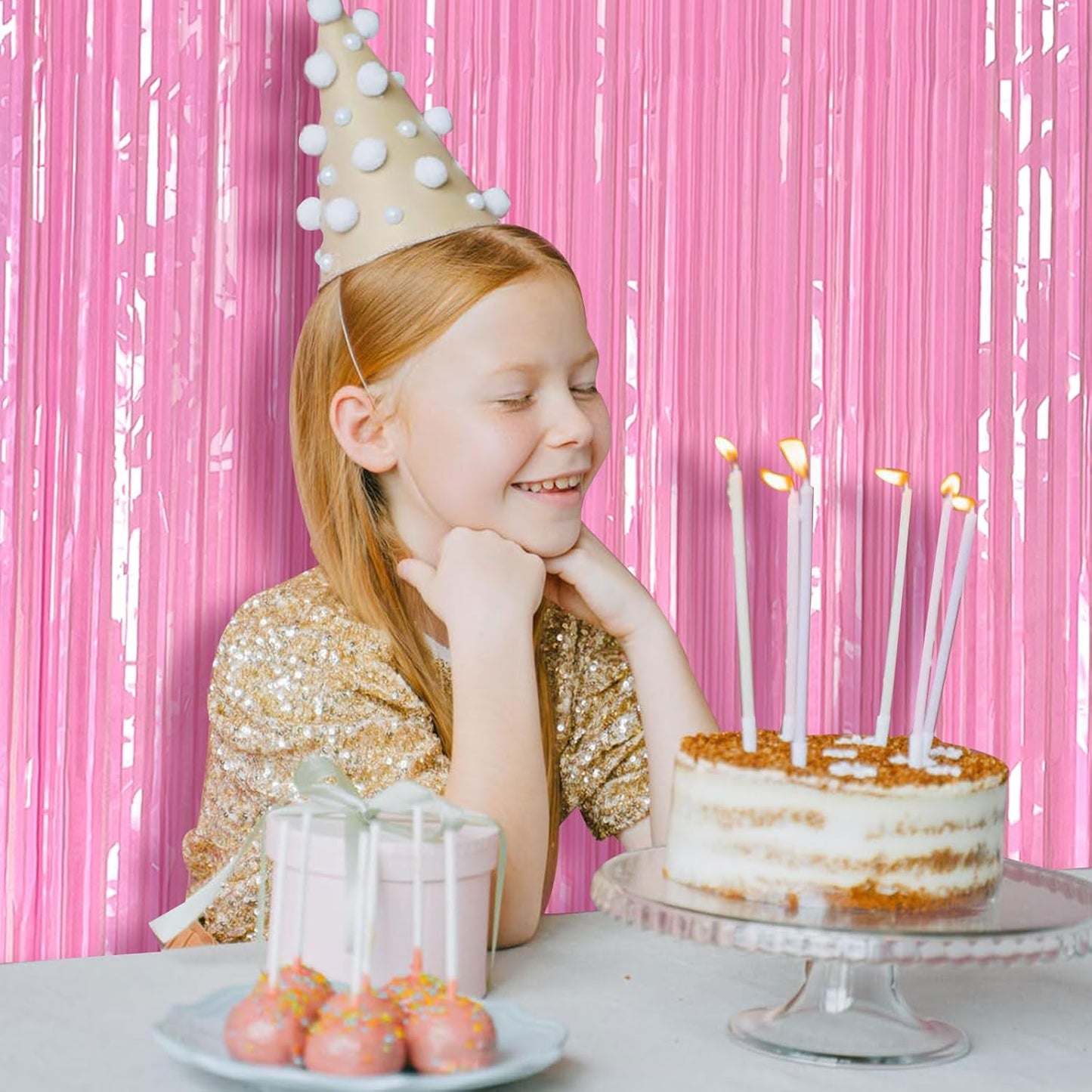 Skiennix Pastel Pink Foil Fringe Backdrop Curtains - Perfect for Birthday & Bridal Shower Decorations