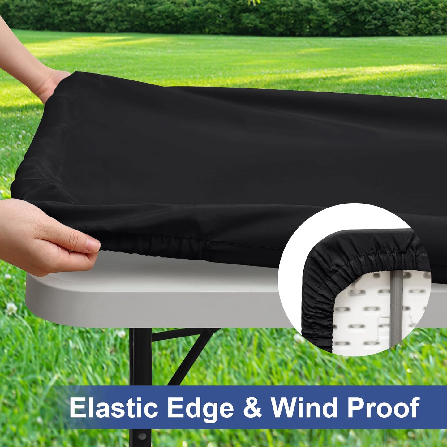 homing 6 Packs 6 Foot Rectangle Tablecloths, Washable Polyester Elastic Fitted Fabric Table Protector, Waterproof Table Cover for Picnic, Camping, Outdoor (Black, 30" x 72")