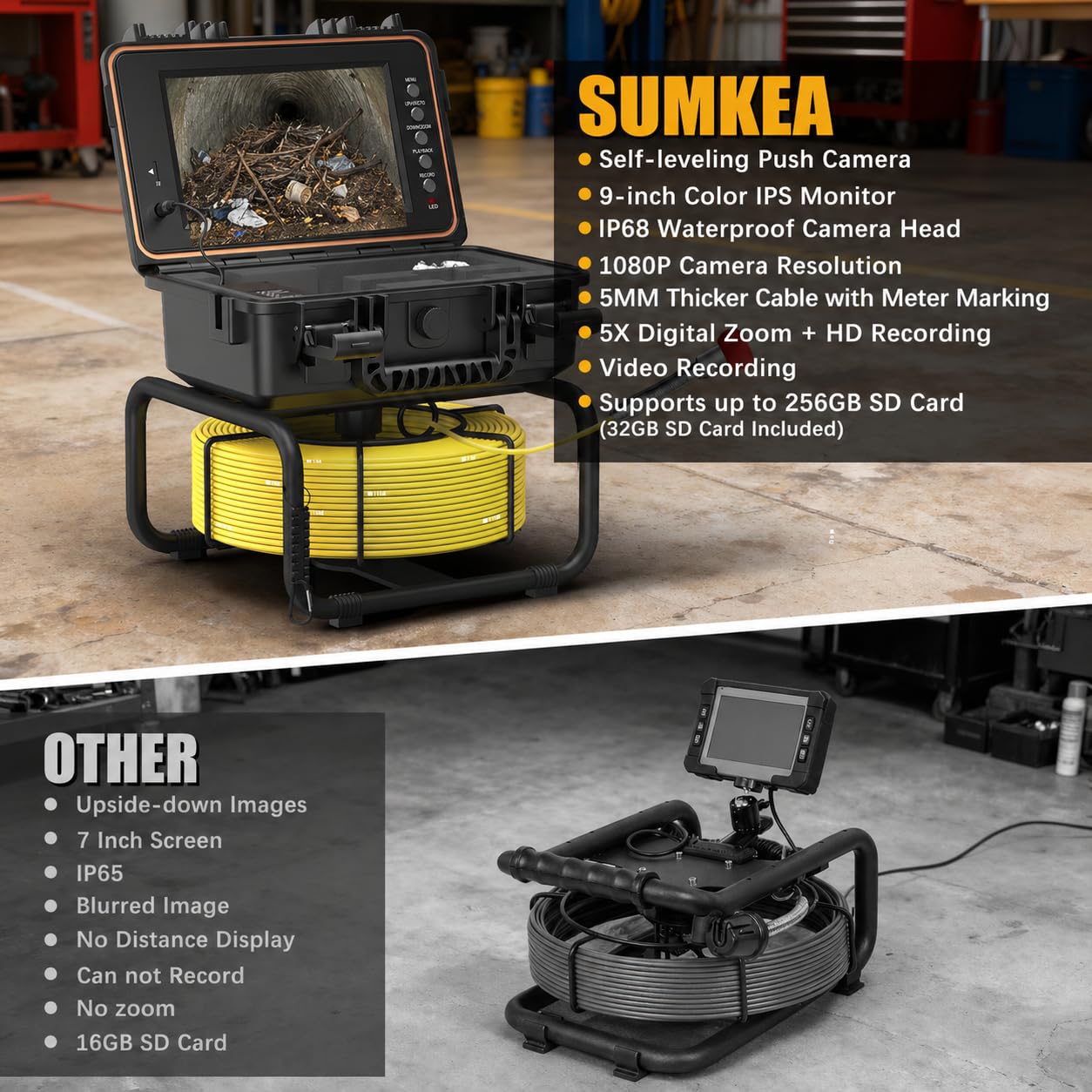 Sumkea Sewer Camera 100ft Self Leveling Drain Inspection Camera with 9" IPS Screen, HD Recording, Meter Marker Pipe Inspection Cameras for Plumbing, Sewer Line, Home & Commercial Inspections, IP68