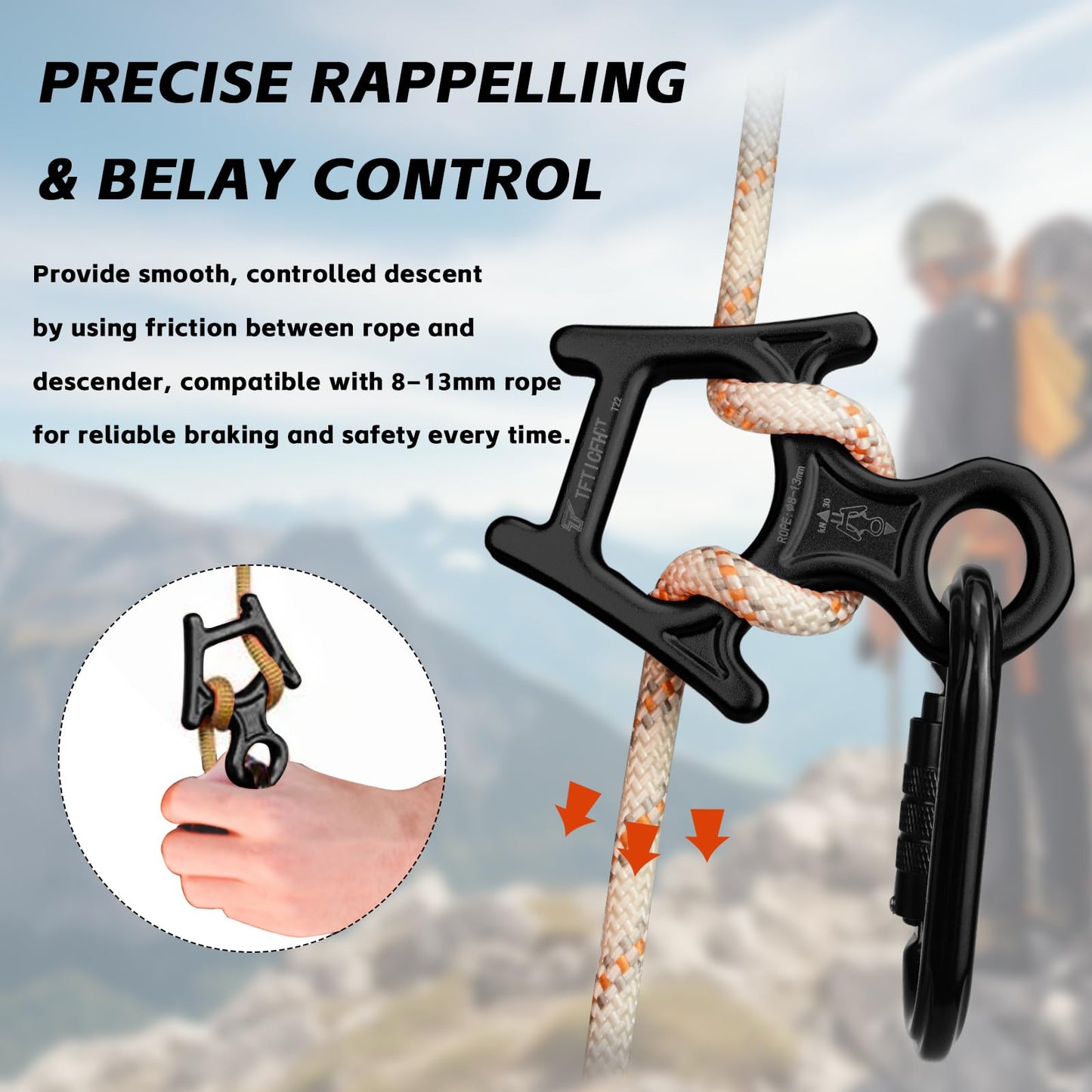 TFTICFH Figure 8 Descender, 30kN Climbing Descender, Heavy Duty 7075 Aluminum Belay & Rappel Equipment for Climbing, Mountaineering, Arborist, Caving, Aerial Yoga, Black