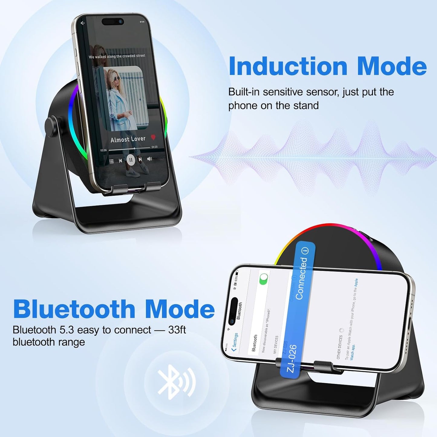 TARKARI 5 1 360 Wireless Induction Speaker, in Bluetooth Speaker, Rotation Cell Phone Stand and Colorful Ambient Light