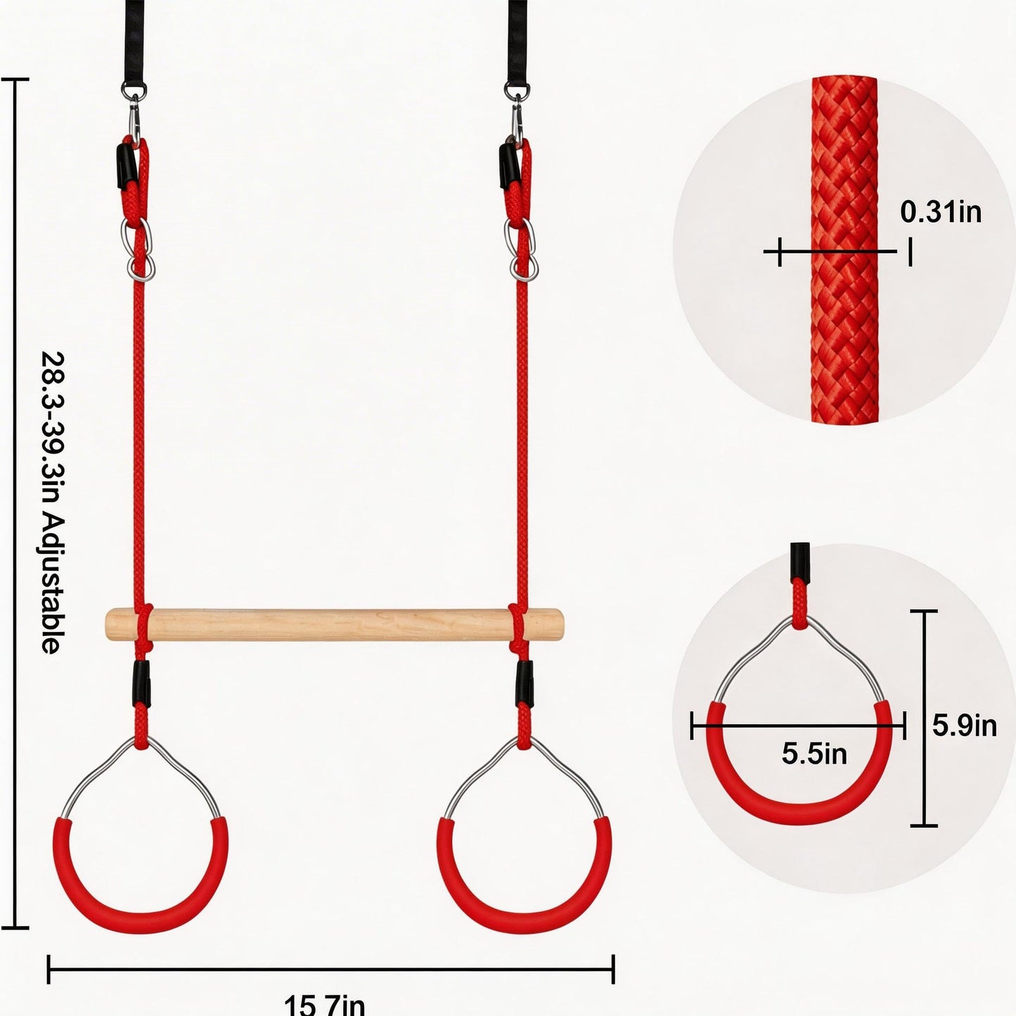 Nets Tribe Trapeze Swing Bar with Gymnastic Rings Warrior Accessories for Obstacle Course Monkey Bars for Indoor Outdoor Garden, Backyard, Playground, Playroom, Red, Wood