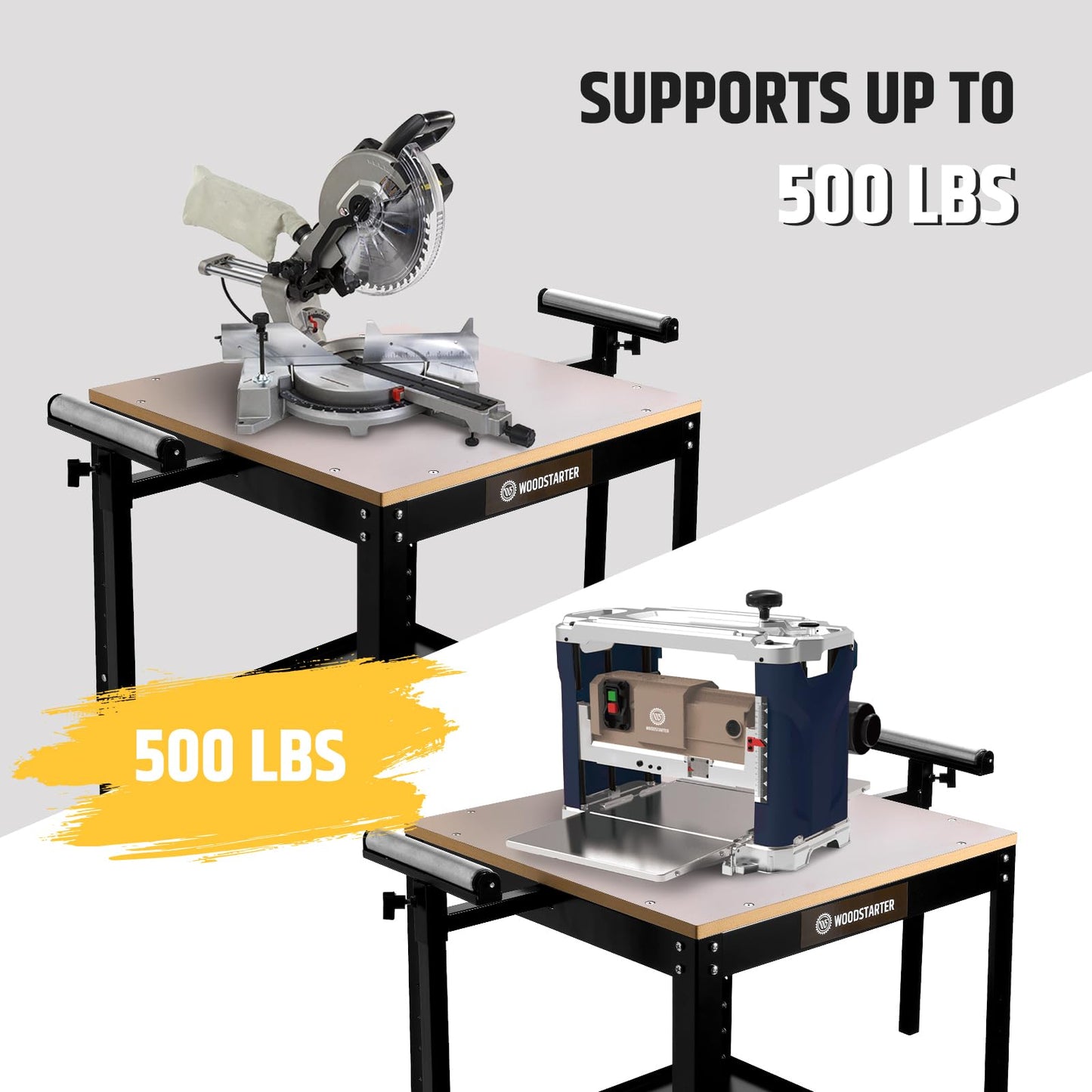 WOODSTARTER Planer Stand with Integrated Mobile Base and Storage Shelf, 58”×21”×38”, 500 lbs Load Capacity, 6 - Level Height Adjustment